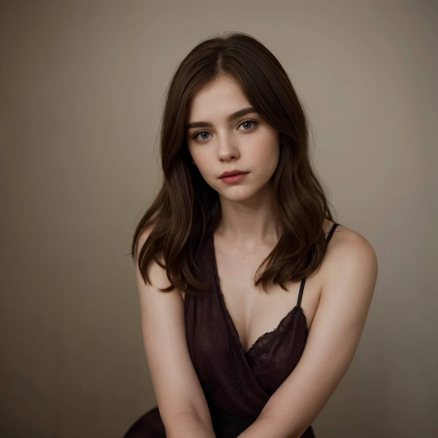 Sophia Lillis, thick adult woman, long straight hair, photograph quality, eyeshadow and lipstick, cleavage, looking up at the camera