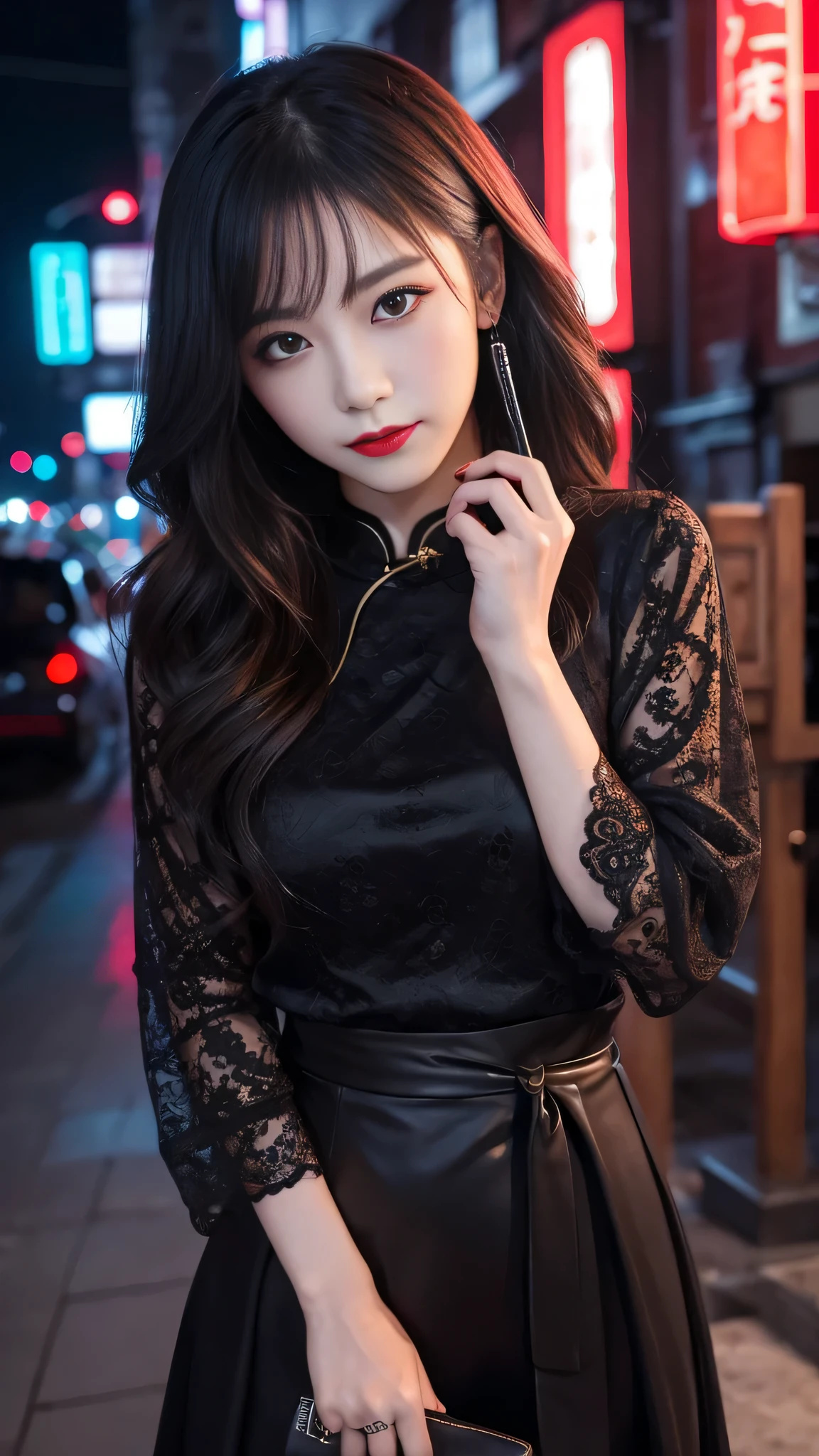 tra-detailed、Japanese、attractive beauty、seductive adult woman、pretty woman、piercing eyes、cool girl、short ponytail、wavy hair、swept bangs、Long Black Cheongsam、wide sleeves、Evil cadres、evil depravity、brainwash、mind control、lipstick、lip gloss、dark makeup、smirk、whisper in your ear、Evil expression、evil、hollow eyes,half-closed eyes、empty eyes、evil、church at night、vampire、succubus、vampire、Swear allegiance、sexy pose、hair ornaments、