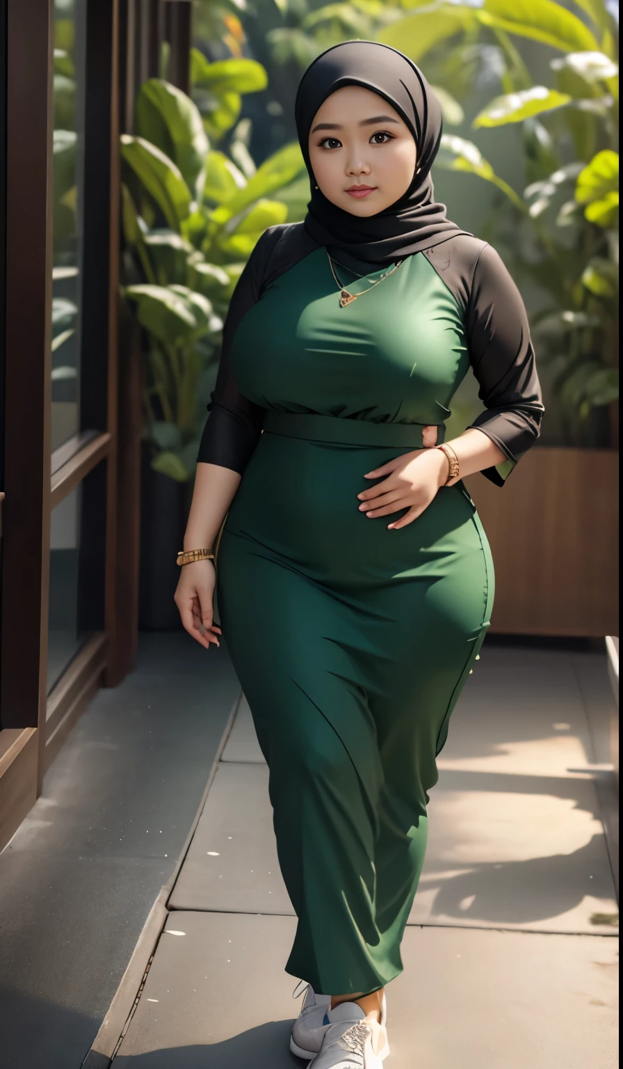 1 malay girl, modern plain hijab, shy, medium portrait, watery eyes, wearing dark green kebaya, ((big breasts)), black bokeh background, well-proportioned body,, chubby massive thighs, full body pose, wearing a necklace , wearing 10 bracelet , wearing a sneaker