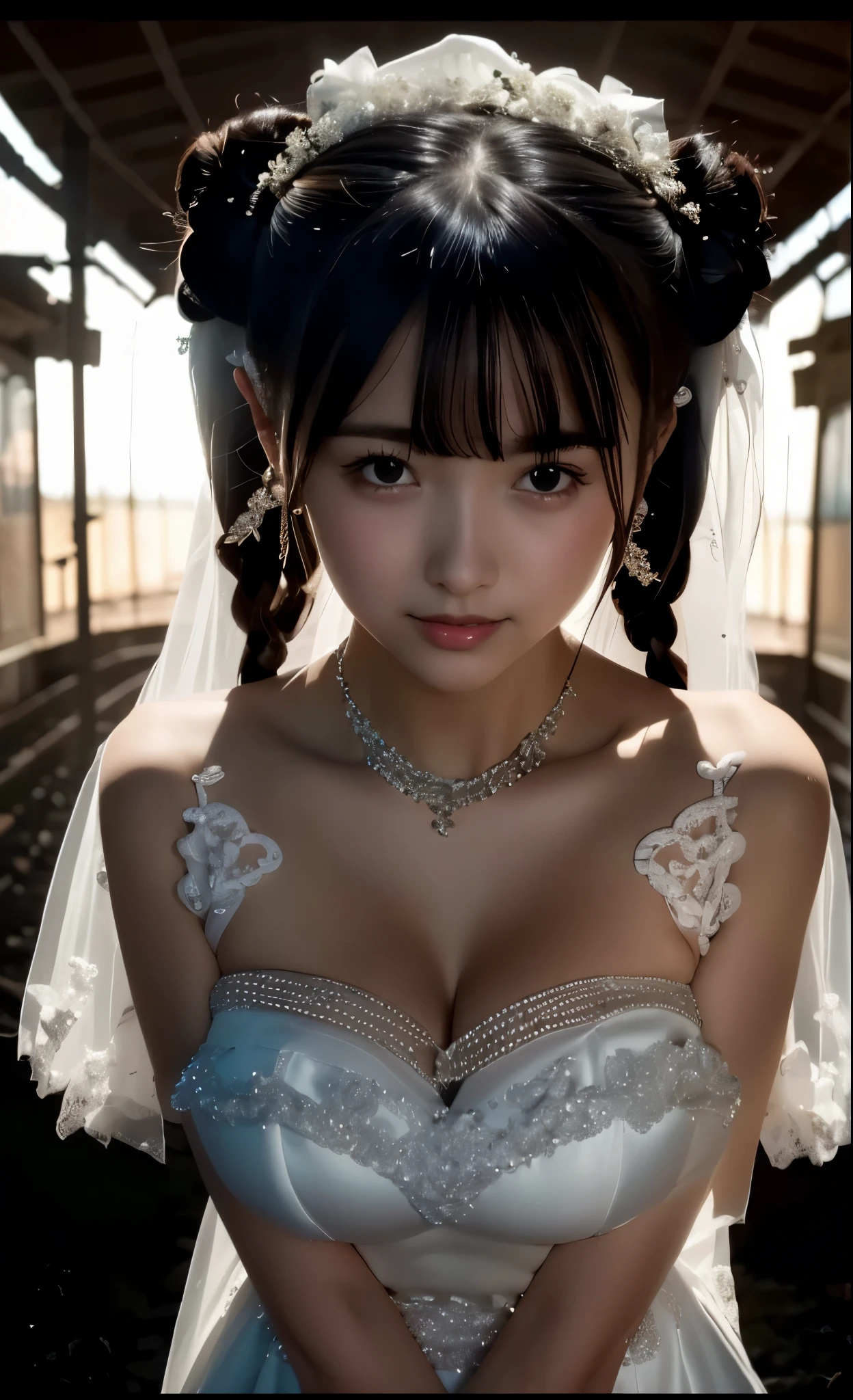 (((Pixel perfect, Perfect details))), alone, 1 girl, Yuigahama Yui,  Close-up of beautiful bride wearing beautiful wedding dress,Gurwitz, (wedding veil:1.5），（Transparent short veil：1.5），blush，eye shadow，blush，Head flower，hat，bouquet，（Bandeau wedding dress：1.5），（Silk dress：1.2）,（strapless wedding dress：1.5）,pure white dress，necklace，earrings，(big breasts:1.3)，Bangs，lipstick，（White long elbow gloves：1.4）,whole body照,High detail RAW color art,White long skirt，whole body，(standing on the railroad tracks:1.3),18 years old, （long twintails：1.5）,(twice as good:1.5), black hair