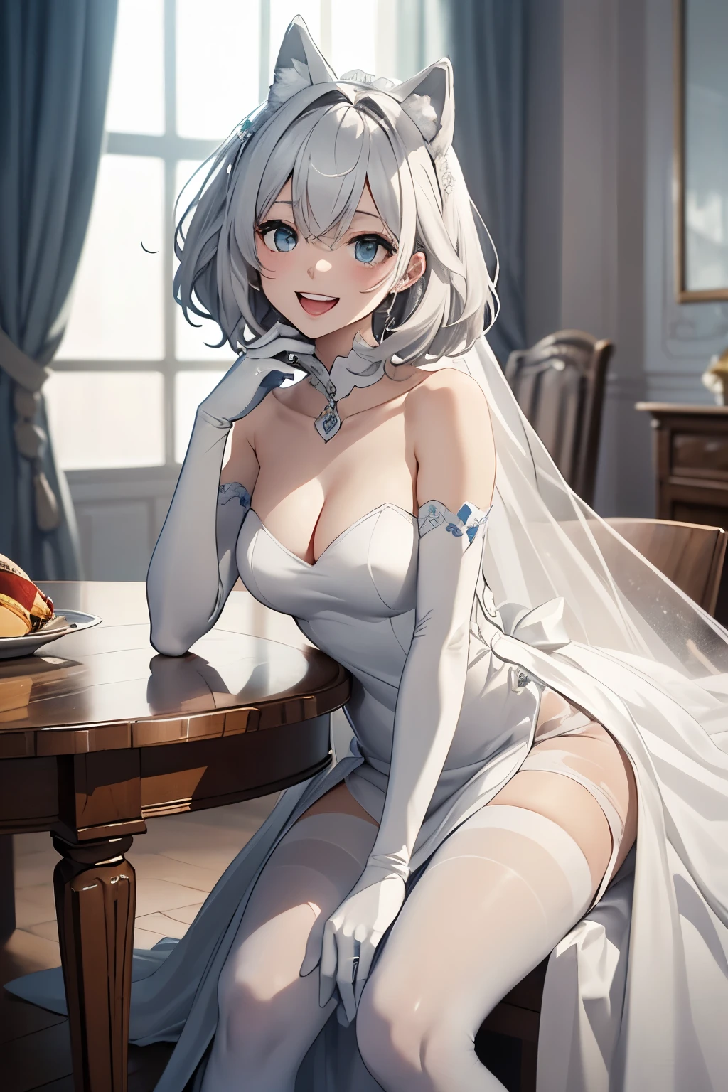 table top　High level image quality　best image quality　8k　 adult woman　portrait　white long gloves（elbow gloves）　white pantyhose　Wedding dress（Tube top）　white wolf ears　short hair（（shortcut）（gray hair）（perm）（fluffy））　eye color is blue　attractive face（（laughter）（smile）（open your mouth））　beautiful feet　Are standing