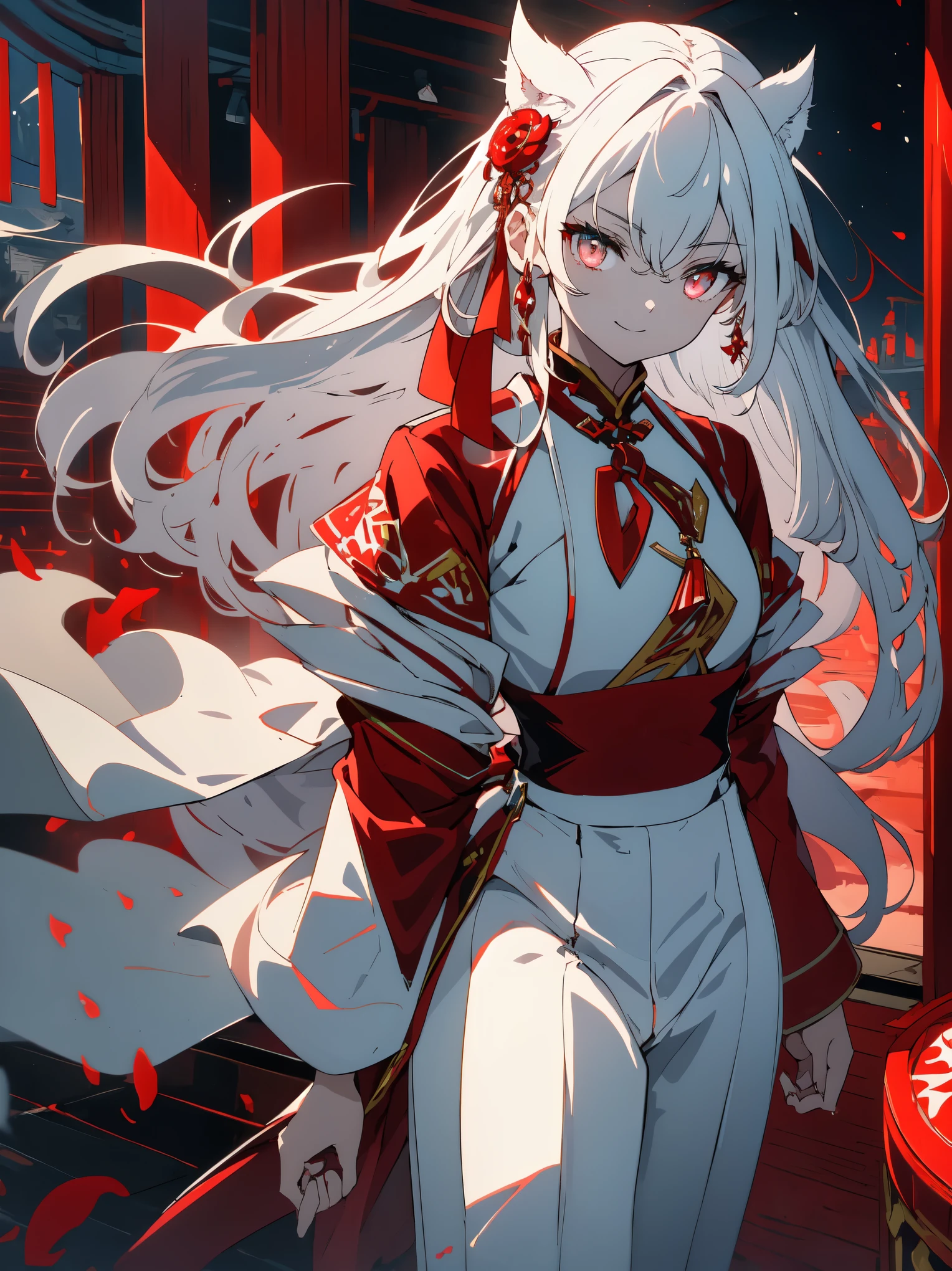 ((highest quality、masterpiece、shining eyes、detailed))、1 girl、beautiful face、(Shining crimson eyes)、(White beast ears)、short、、long white hair、(Trouser style crimson cheongsam)、smile、Shrine precincts、play tag、anime style