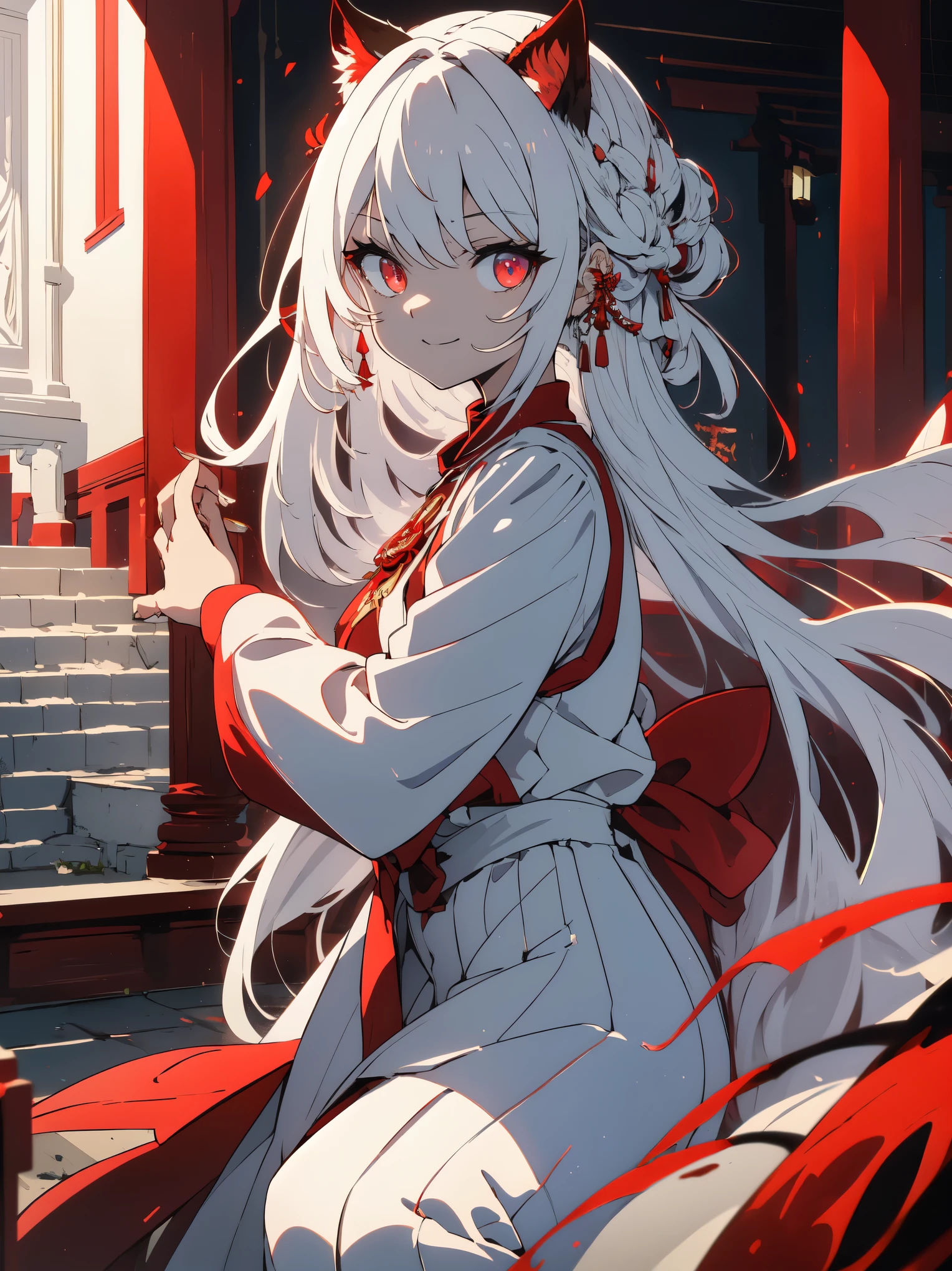 ((highest quality、masterpiece、shining eyes、detailed))、1 girl、beautiful face、(Shining crimson eyes)、(White beast ears)、short、、long white hair、(Trouser style crimson cheongsam)、smile、Shrine precincts、play tag、anime style