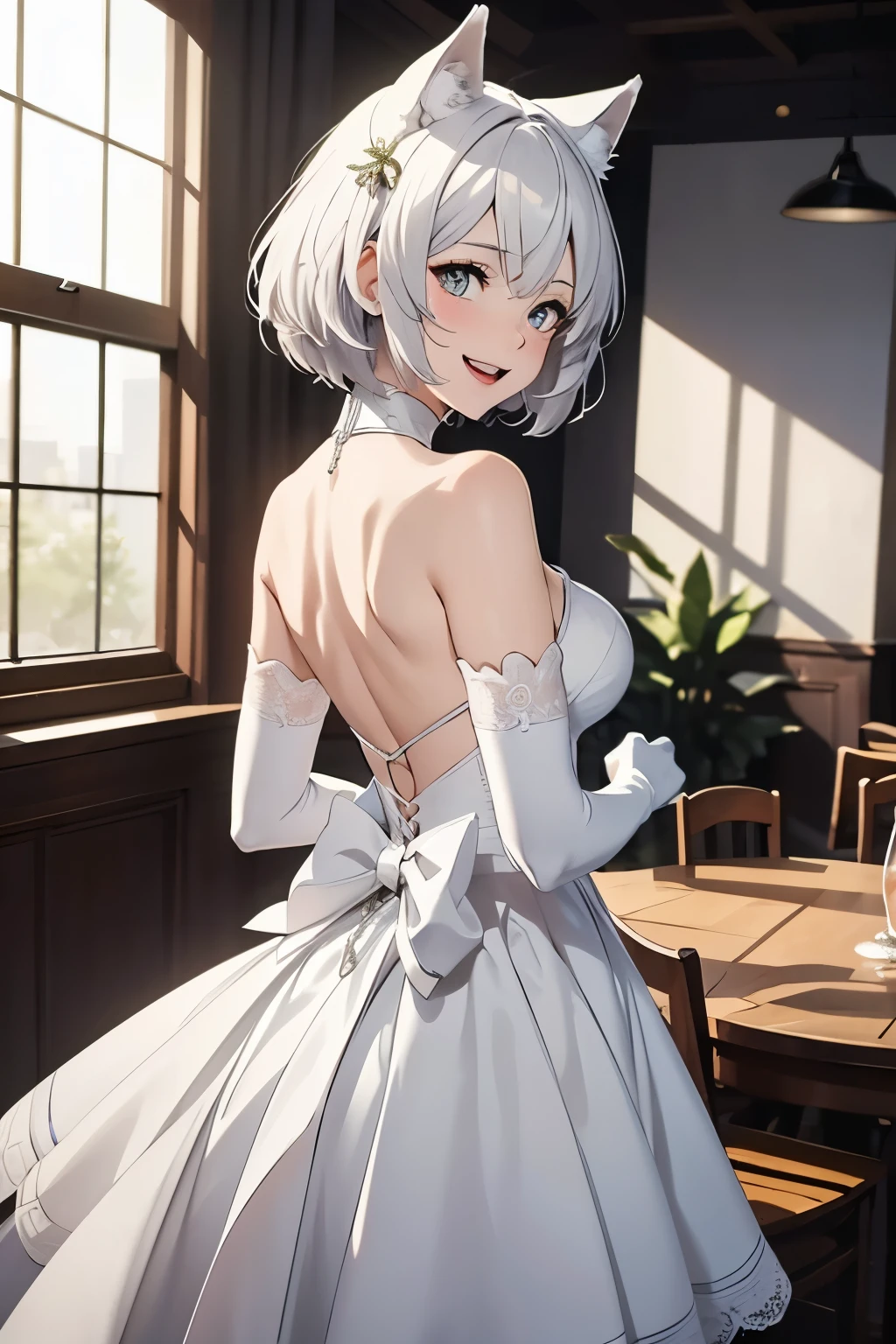 table top　High level image quality　best image quality　8k　 adult woman　portrait　white long gloves（elbow gloves）　white pantyhose　Wedding dress（Tube top）　white wolf ears　short hair（（shortcut）（gray hair）（perm）（fluffy））　eye color is blue　attractive face（（laughter）（smile）（open your mouth））　back　look back