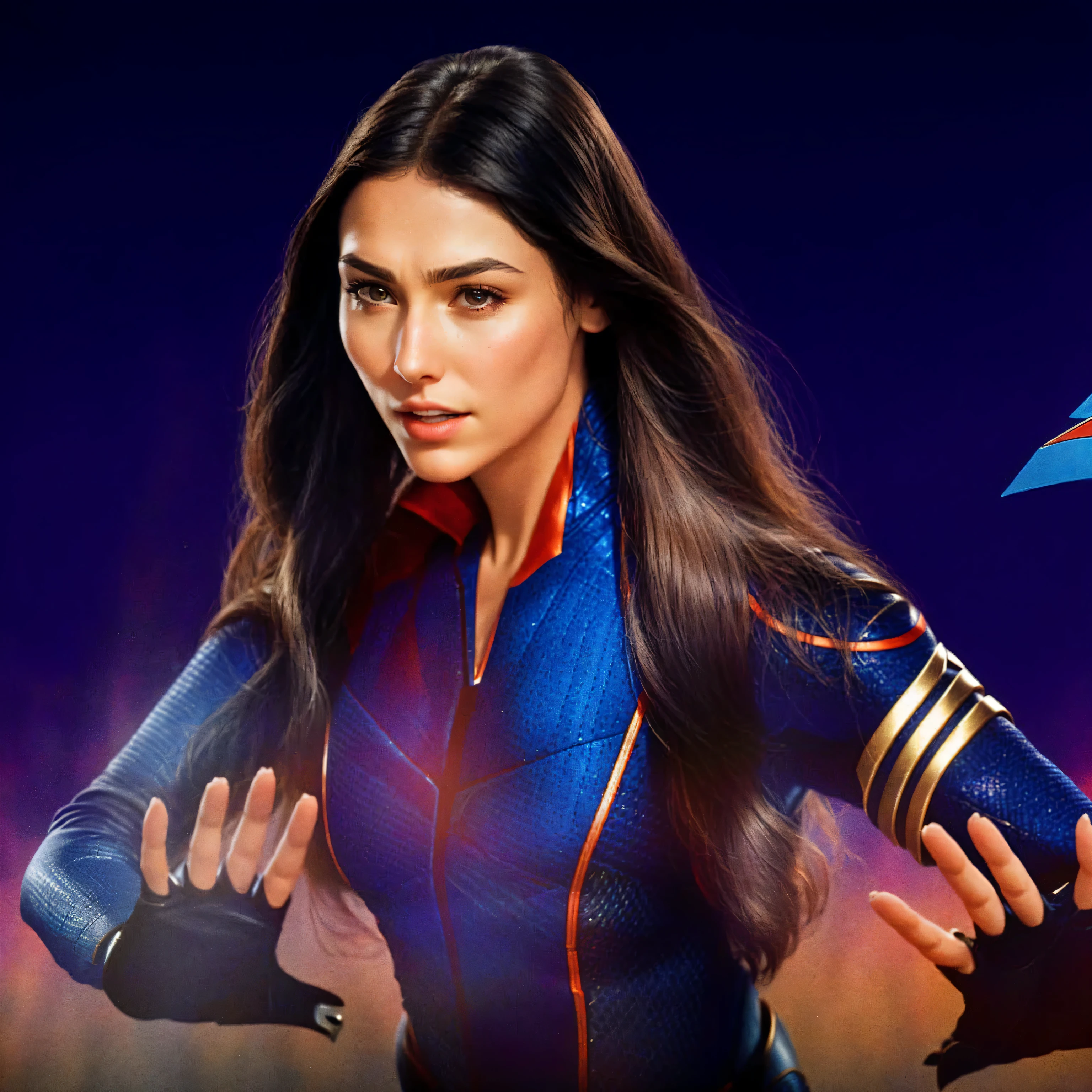 a close up of a woman in a blue and orange outfit, promotional art, spy kids juni cortez, movie promotional image, textless, promo image, gal gadot as captain marvel, maya ali as a storm sorcerer, promotional image, more details, gal gadot as supergirl, ( ( spiderwoman ) )