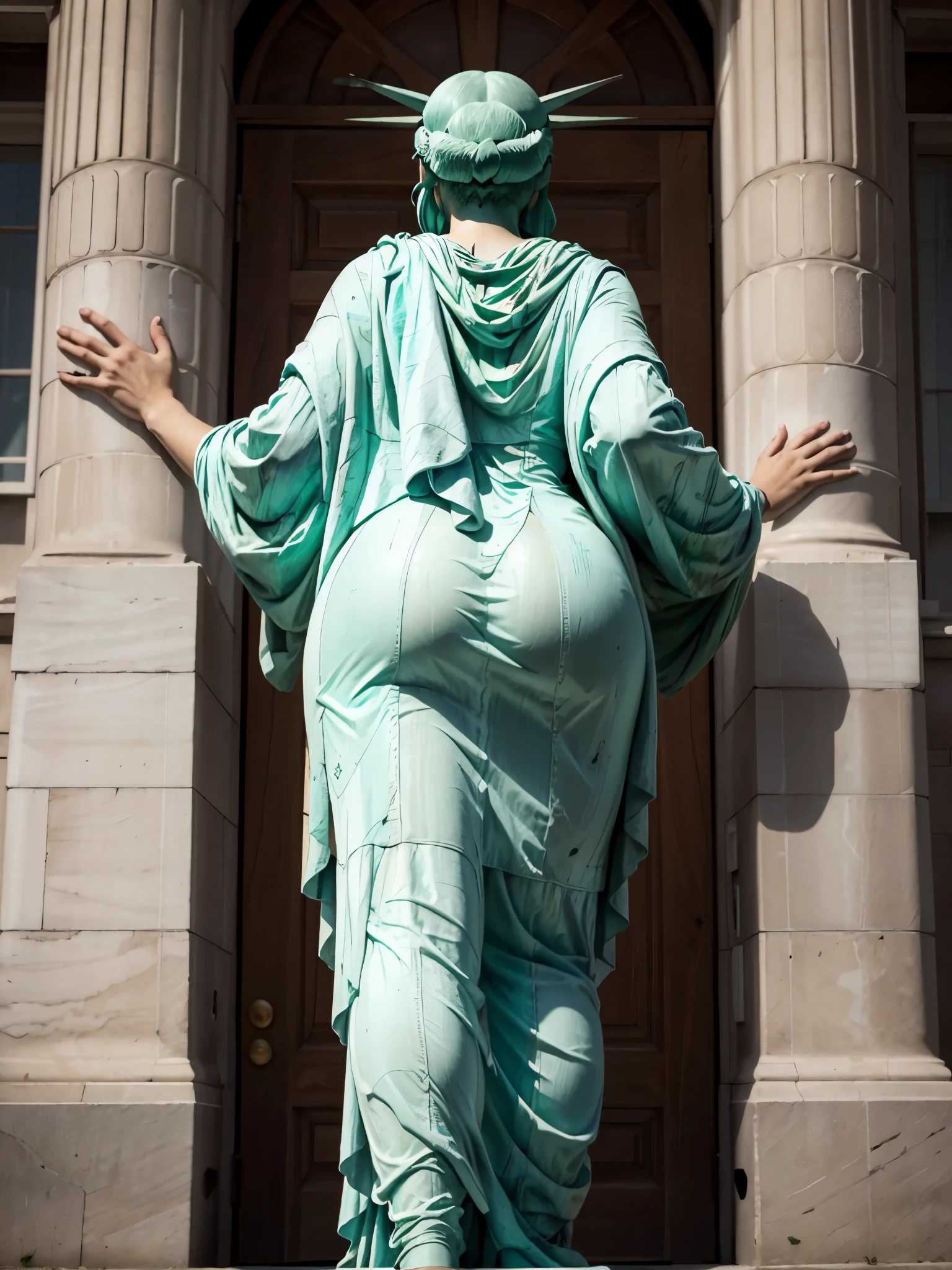 lady-liberty, view from behind, statue in a green pulled up dress is leaning against a wall, showing buttocks, (YES NSFW), looking afar