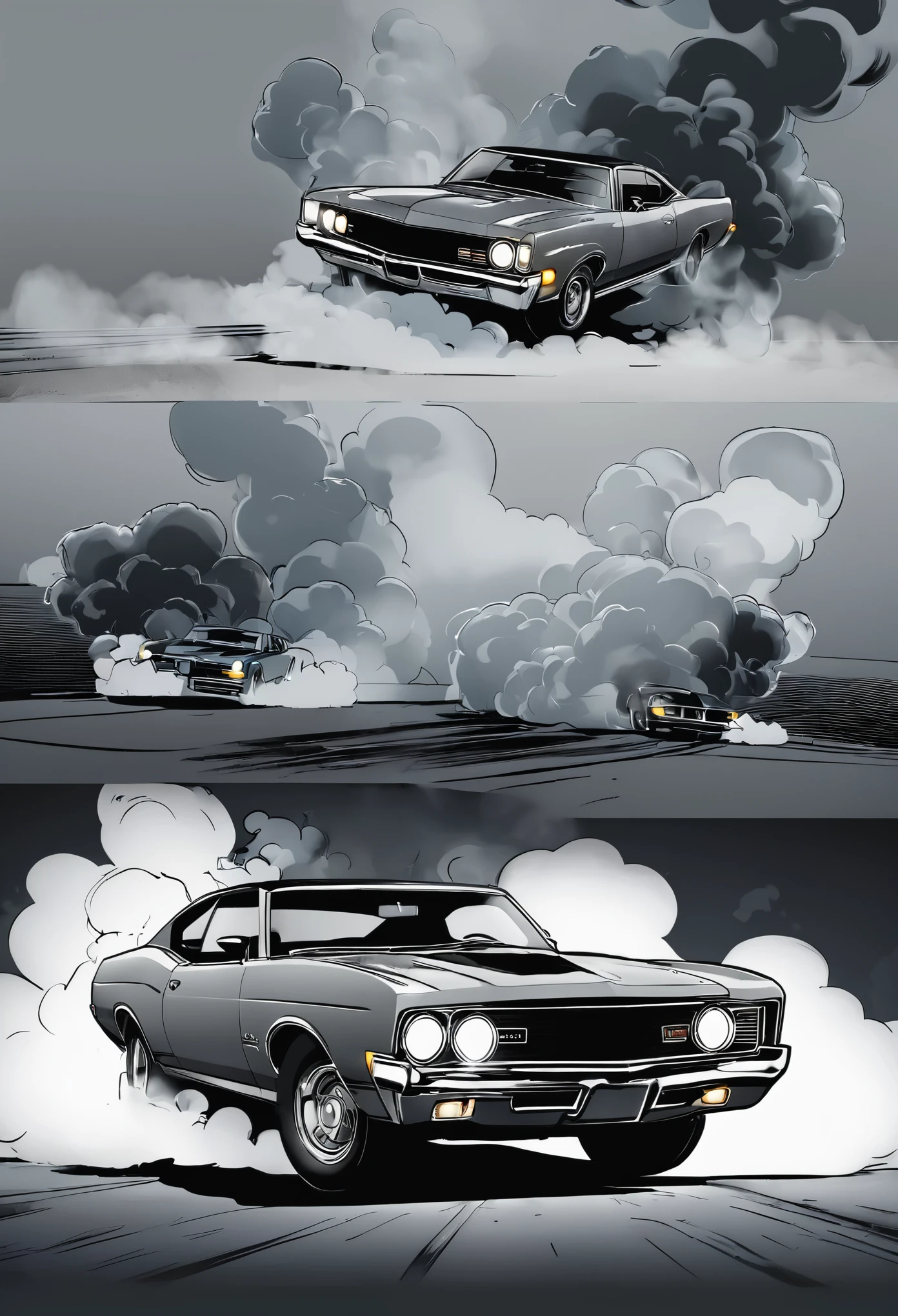 comics,Cool,Dynamic,Gray background,smoke,car lights on