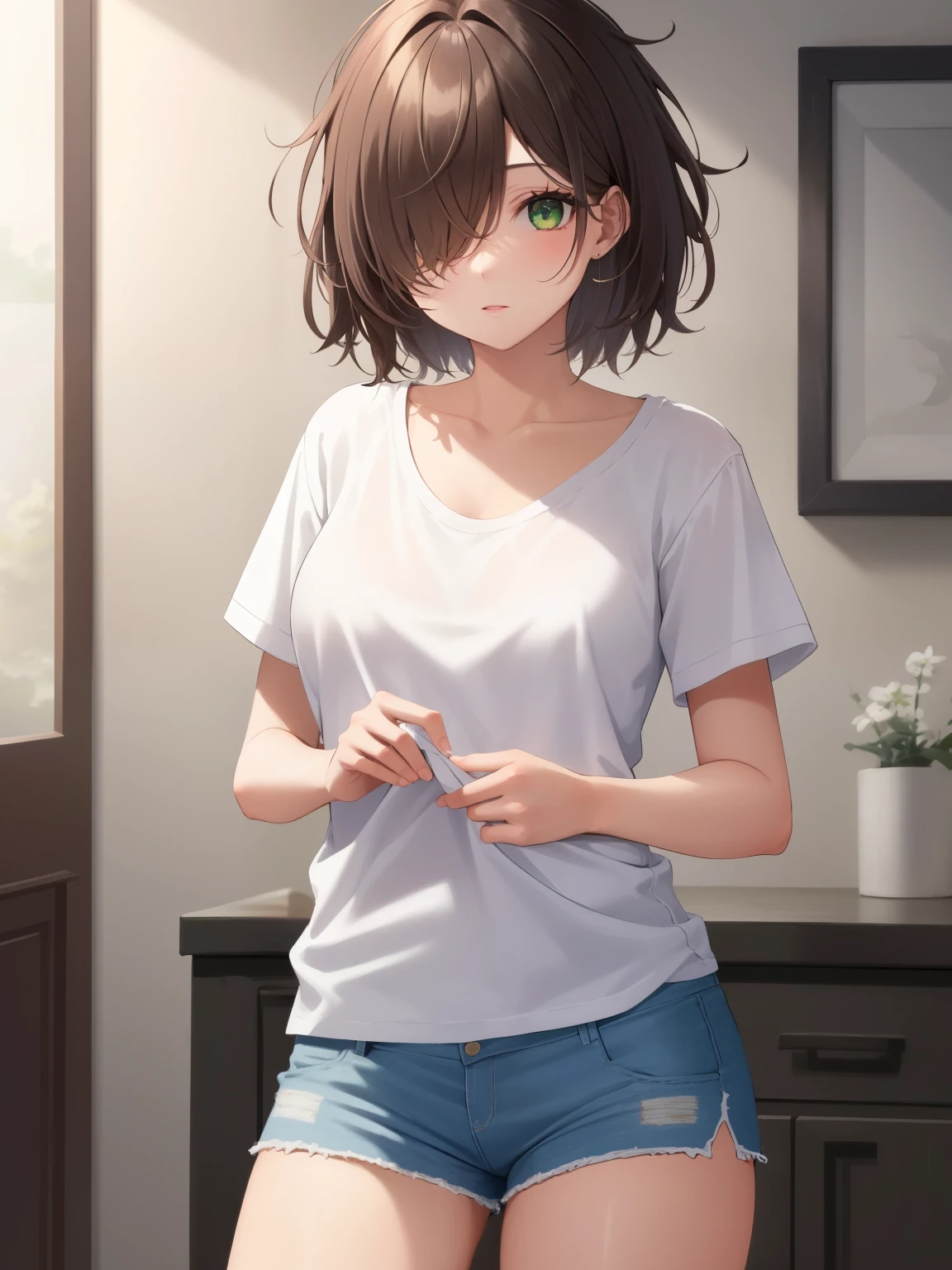 masterpiece, best quality, 1girl, brown hair, hair over one eye, hair over eyes, green eyes, messy hair, short hair, pixie cut, white shirt, no bra, blue shorts