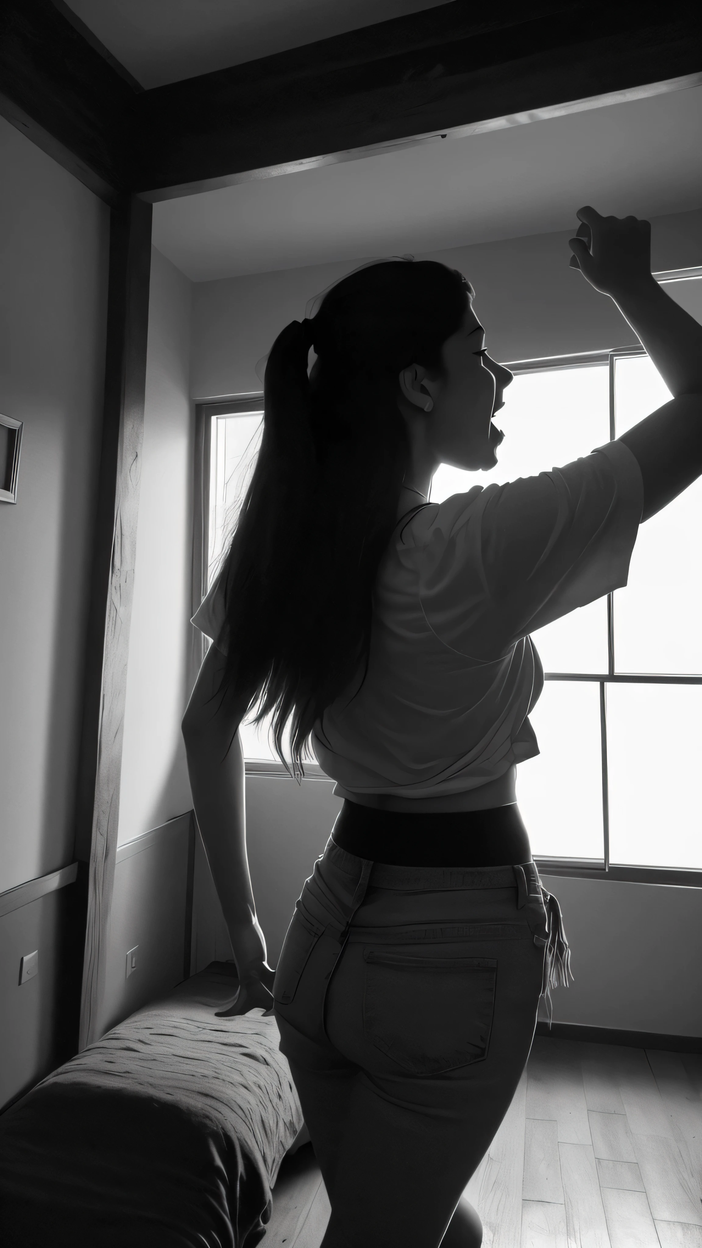 una chica gritando en un cuarto sucio rodeada de demonios. estilo caravaggio con luz directa