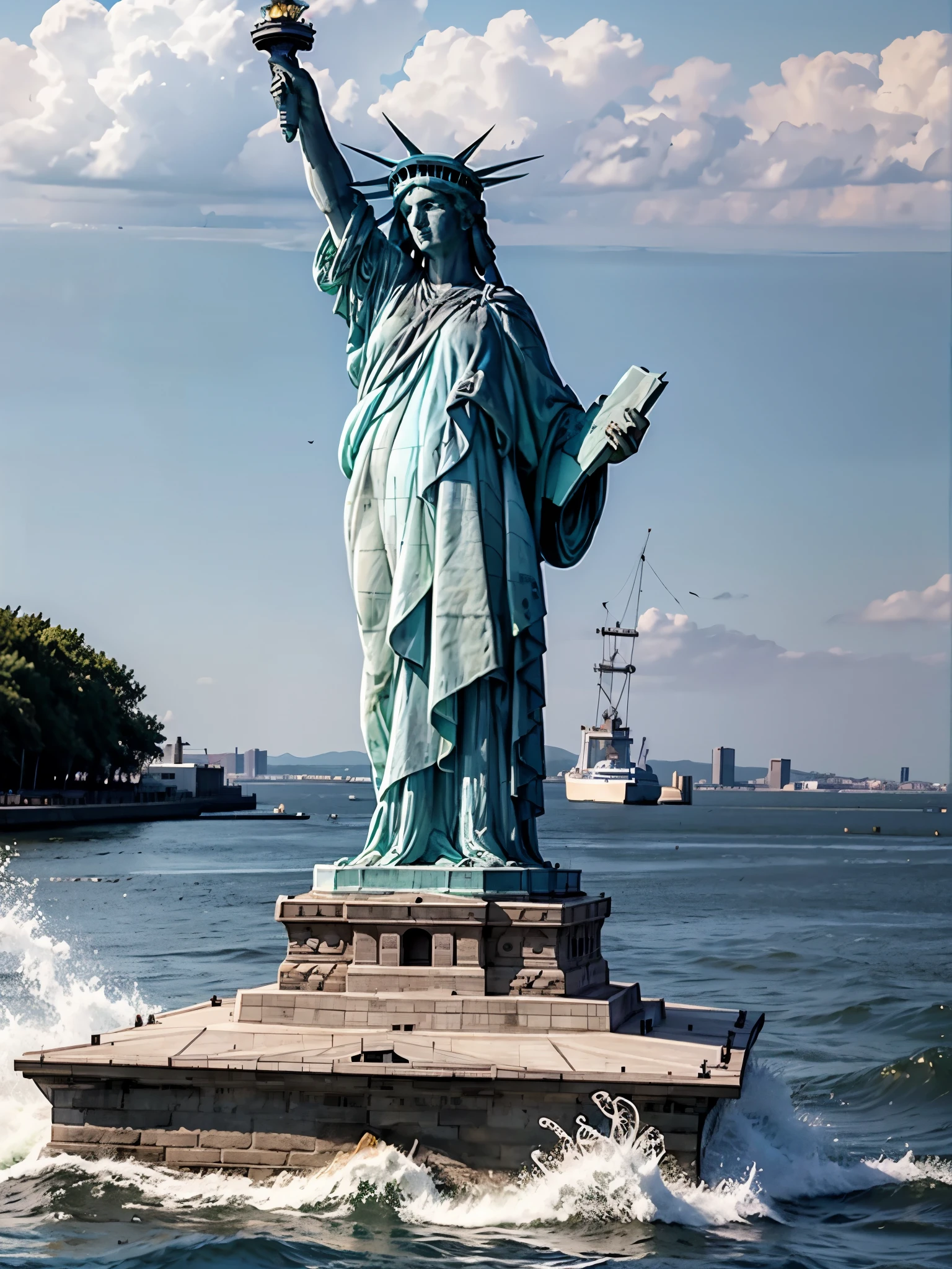 lady-liberty, front view, a statue of liberty is shown emerging from water, she tries to resurface from deep sea, blue water and white foam