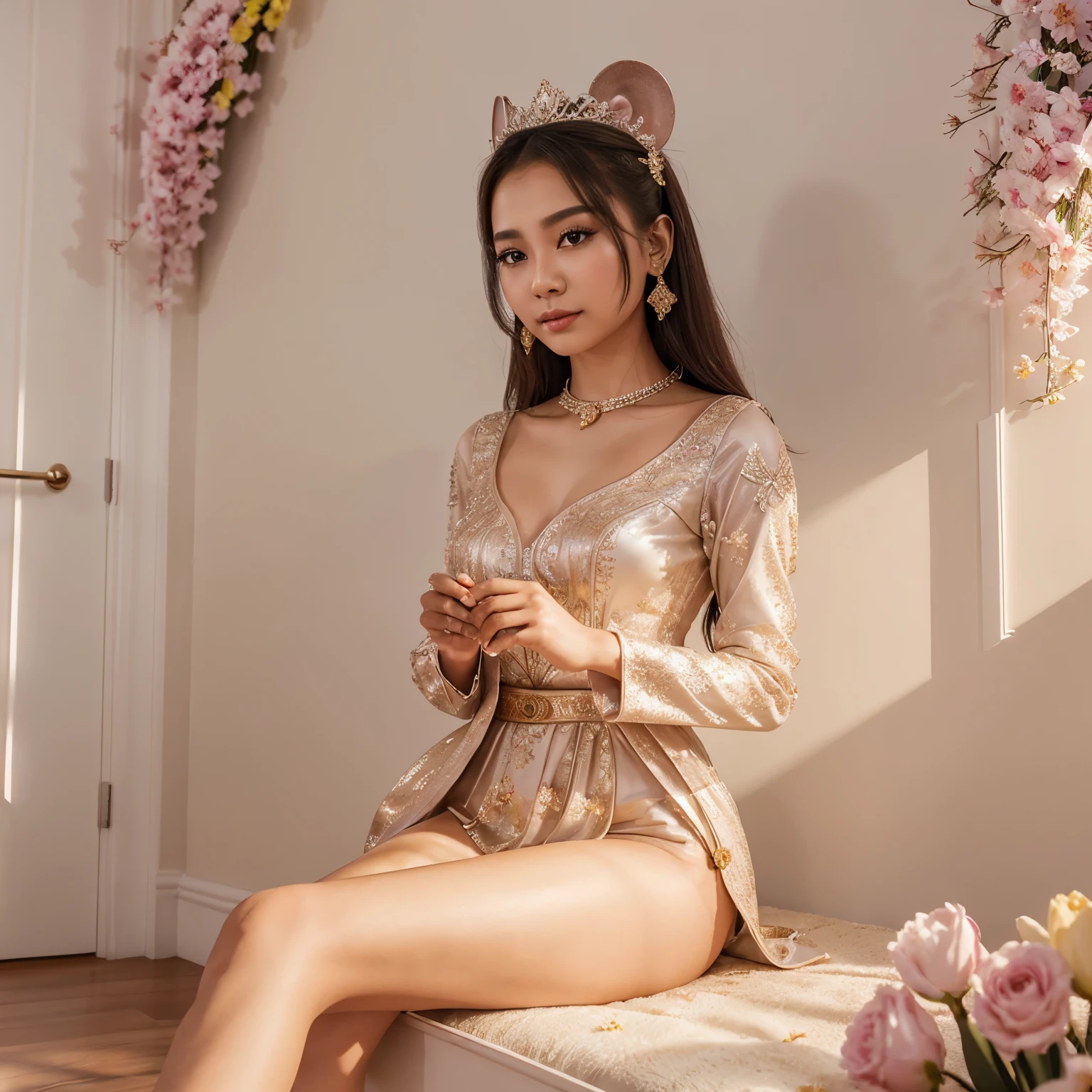 In the room wall Elegant 3D typography with the name Myo ThandarOo with an elegant throne and fine diamonds with sparkles of bright colors and Mouse🐭,23yr old burmese beautiful young woman sitting in chir,clear face, in the background Daffotdi flowers ,3d render, vibrant, typography
