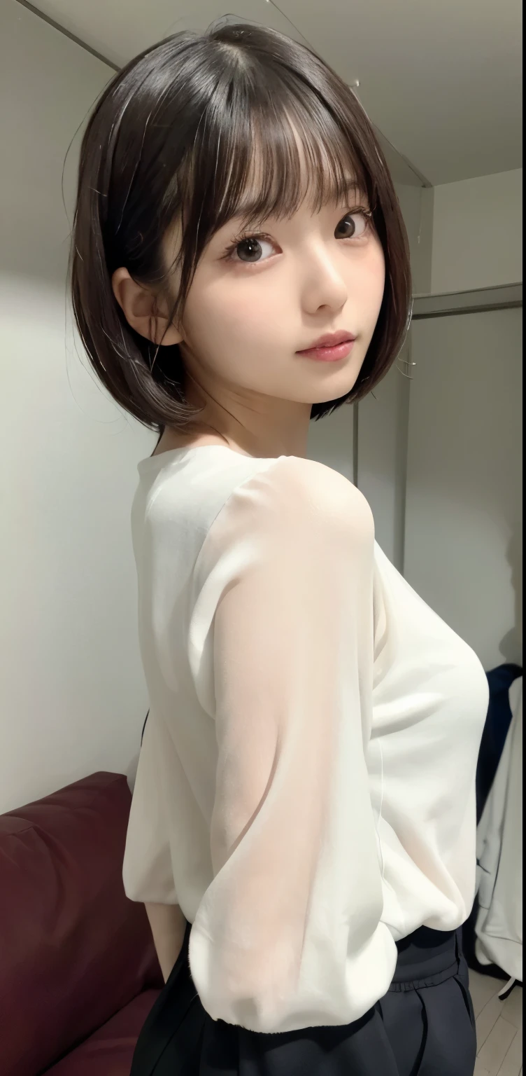 masterpiece, 1 beautiful girl, fine eyes, droopy eyes, highest quality, 超High resolution, (reality: 1.4), original photo, 1 girl, cinematic lighting, Japan, asian beauty, super beautiful, beautiful skin, thin, body facing forward, (Super realistic), (High resolution), (8k), (very detailed), (Best Illustration), (beautifully fine eyes), (super detailed) , detailed face, looking at the viewer, look straight ahead, beautiful clothes, No sleeve, short hair, black hair, 46 point diagonal bangs, A room based on white, Neat atmosphere,