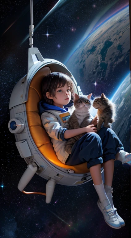 Cartoon illustration of a boy and girl in space with a cat, official fan art, in the universe, kittens in outer space, In outer space, In deep space, in a galaxy, Deep Space Exploration!!!, Space travelling, Wear on the stars and planets, Outer space, Outer space, cosmic starry sky, in the universe, Official art, spaces, in spacecraft, Colorful, Cute, more detailed, light, More realistic, cartoon,galactic 