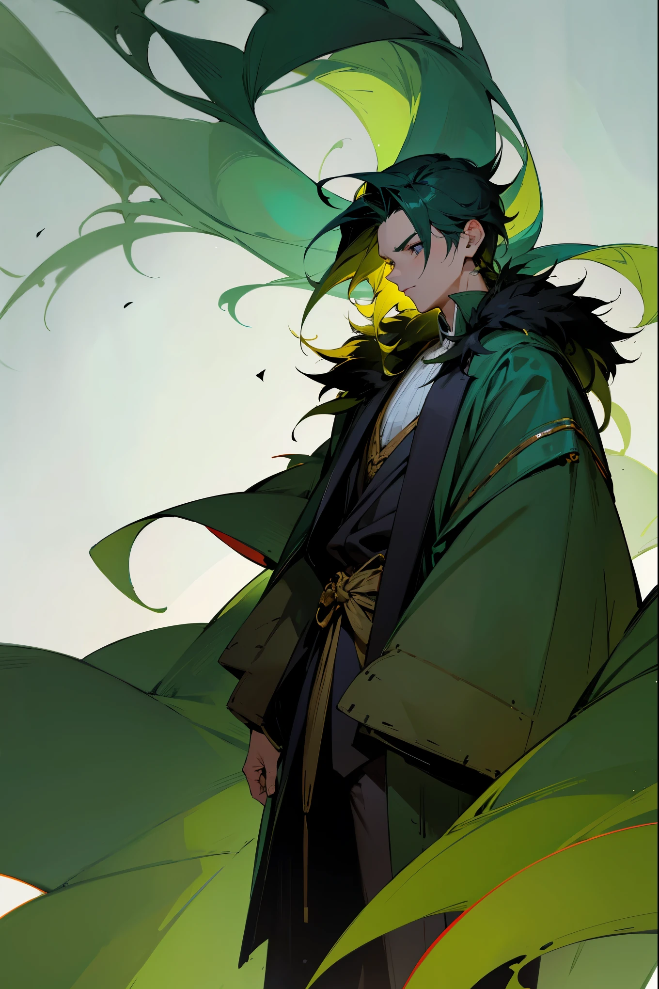 Anime, male character, boy, short messy black hair, green eyes, white skin, thin body not very strong, has a black dragon tail, wearing green and dark red t-shirt, green jacket with big dark green headdress, red belt with yellow chains, dark green trousers, red boots, anime pose, magical forest environment, dragons, magic, flowers, blue lake, 4k, best quality, well detailed, wallpaper. --auto --s2