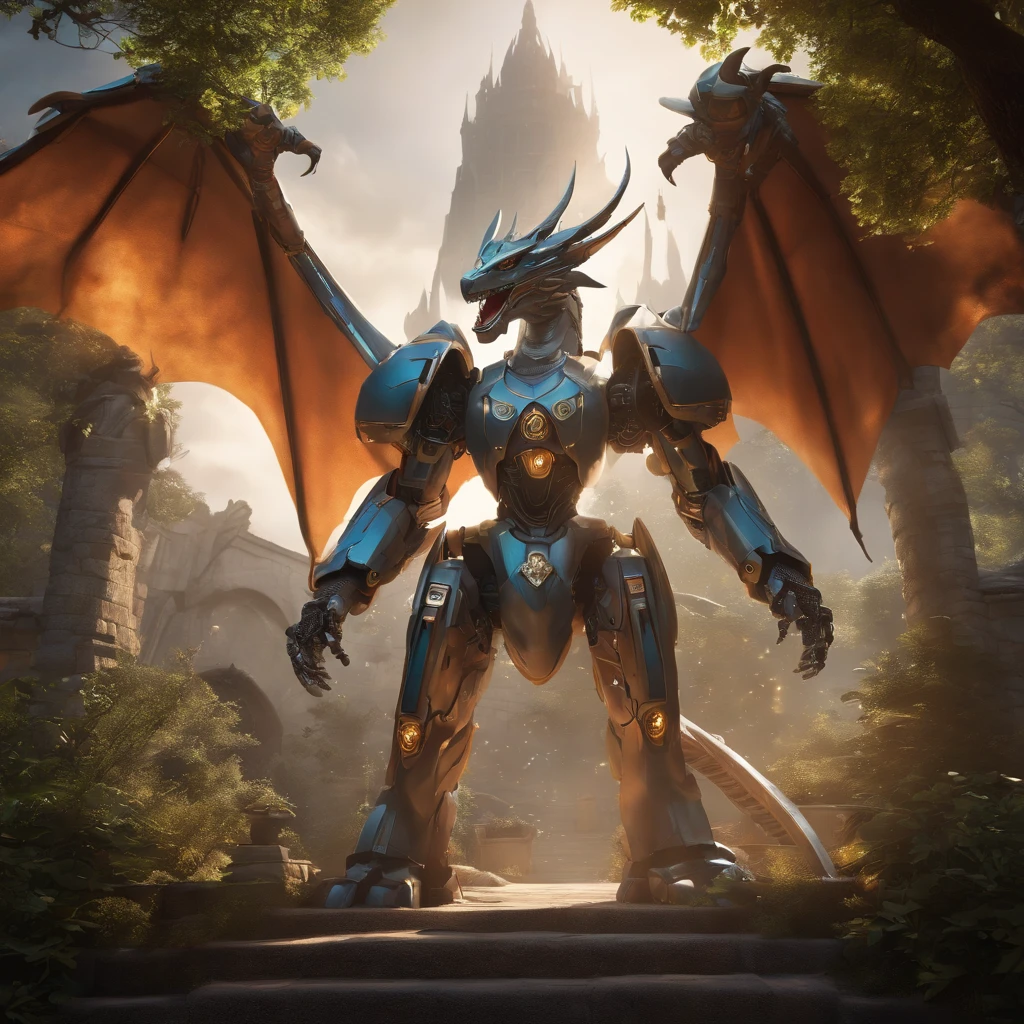best quality,4k,highres,masterpiece:1.2,ultra-detailed,realistic:A Gundam style robot,rescuing a dragon,evil princess,detailed robot design,detailed dragon scales,vibrant color scheme,action-packed scene,majestic dragon wings,heroic robot stance,robot armor shining in the sunlight,princess with a wicked smile,robot lifting dragon with ease,perfectly flowing dragon fire,battle in a lush forest,mysterious robotic technology,princess with intricate gown flowing in the wind,surrounding trees filled with life,emerging sunlight through the trees,dragon with fierce expression,robot with powerful laser beams,evil princess casting dark magic,dragon released from captivity,robot with glowing LED eyes,dragon scales sparkling,princess surrounded by a dark aura,long robotic arms with precise movements,dragon tail whipping through the air,robot with Gundam signature weapons,giant robotic feet creating earth-shattering impacts,detailed princess tiara shining,dramatic shadows and lighting effects,robot saving the day with determination,princess with a crown adorned with gems,dragon with majestic horns and spines,robot with jet thrusters propelling it forward,vivid colors highlighting the scene,magical sparkles surrounding the princess and the dragon,robot smashing through obstacles with ease,detailed robot cockpit showcasing advanced technology,dragon breathing fire in defiance,princess casting spells with gestures,robot's metallic armor reflecting its surroundings,dragon's scales with intricate patterns,detailed portrayal of emotions on the characters' faces,princess with flowing hair and a wicked grin,robotic fingers delicately carrying the dragon,princess's evil castle in the background,dragon with graceful movements,robot with imposing presence.