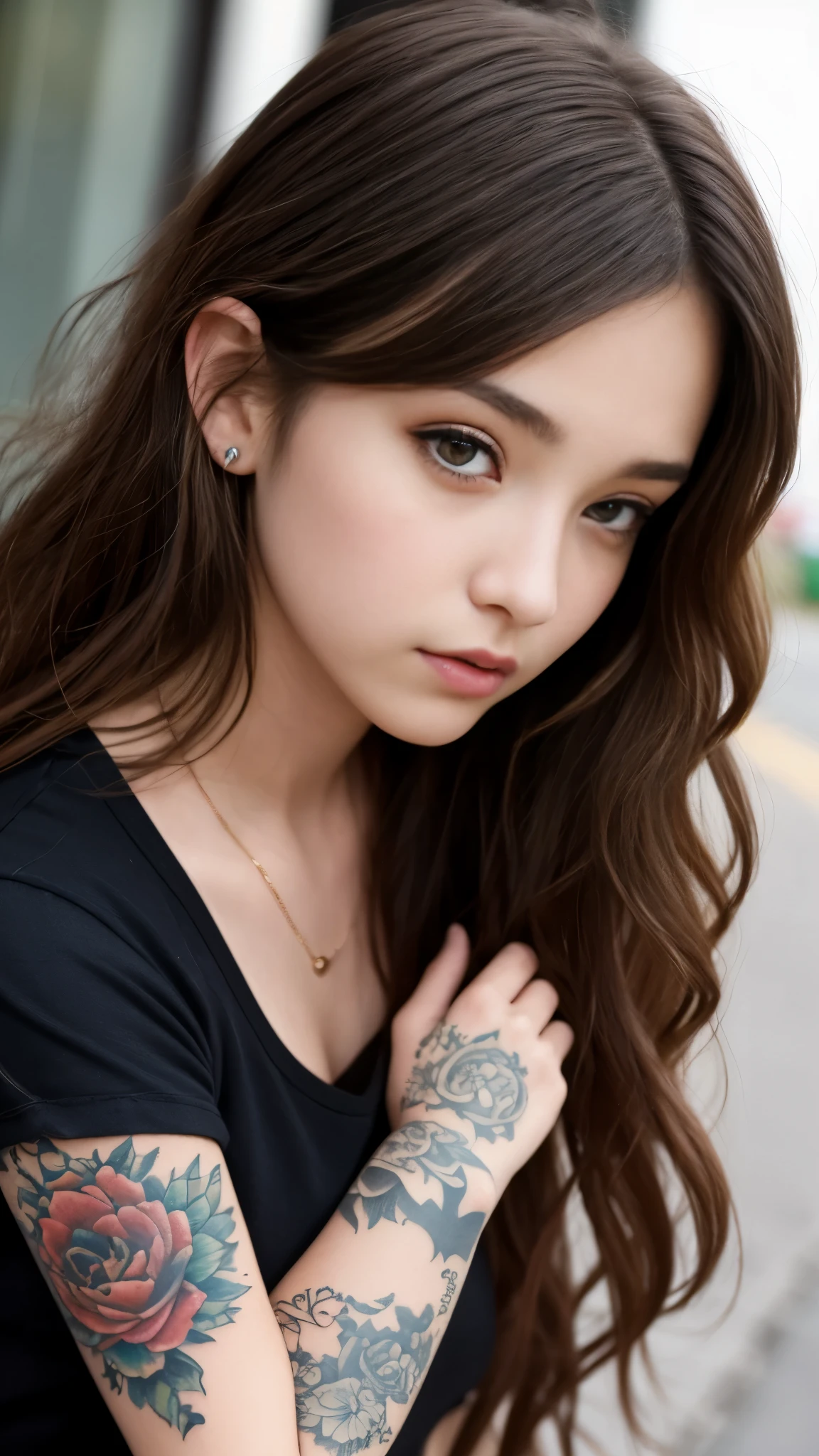 close up shot、look directly at the camera、Wavy brown hair、 ((18-year-old American woman,)) she is a singer。punkgirl、Tattoos on both arms、