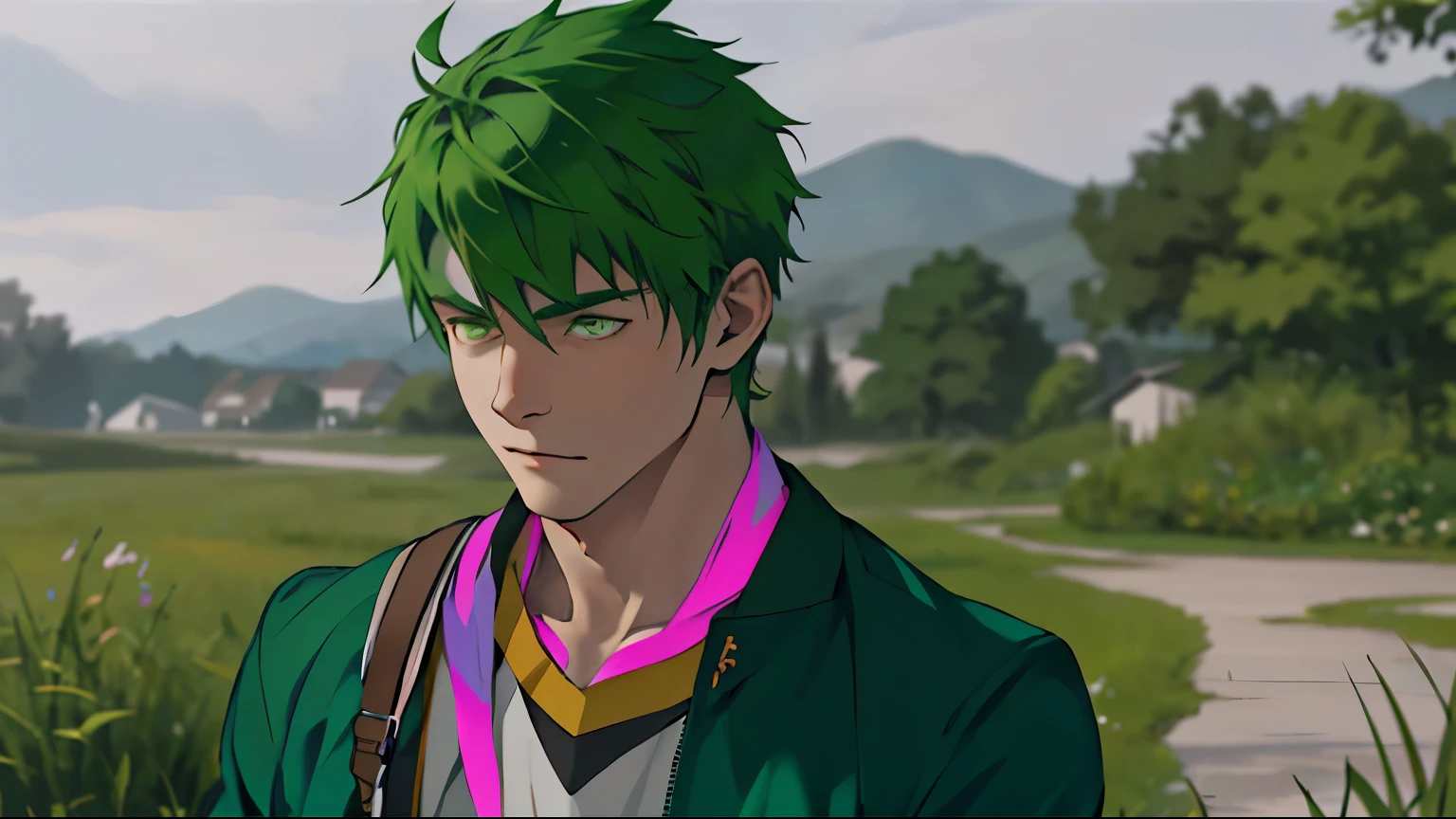 There is a handsome -yeld boith white skin, green hair, green eyes, walking thoughtfully, trying to remember.