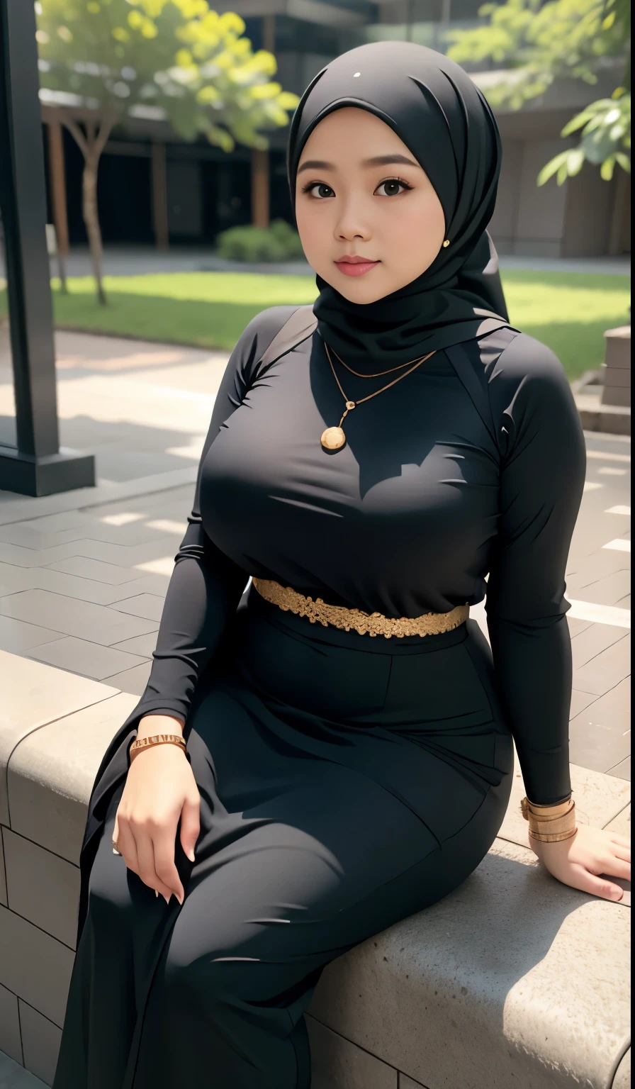 1 malay girl, modern plain hijab, shy, medium portrait, watery eyes, wearing dark green kebaya, ((big breasts)), black bokeh background, well-proportioned body,, chubby massive thighs, full body pose, wearing a necklace , wearing 10 bracelet , wearing a sneaker 