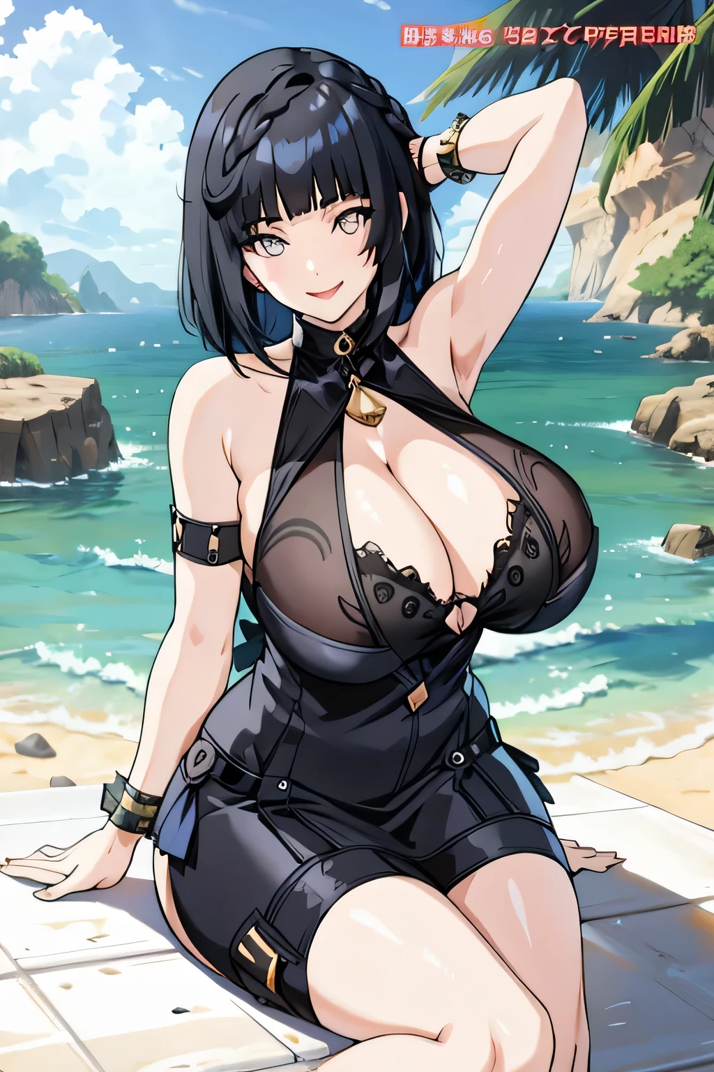 black hair, black colored dress, white eyes, gigantic breasts, cleavage, bare legs, smiling