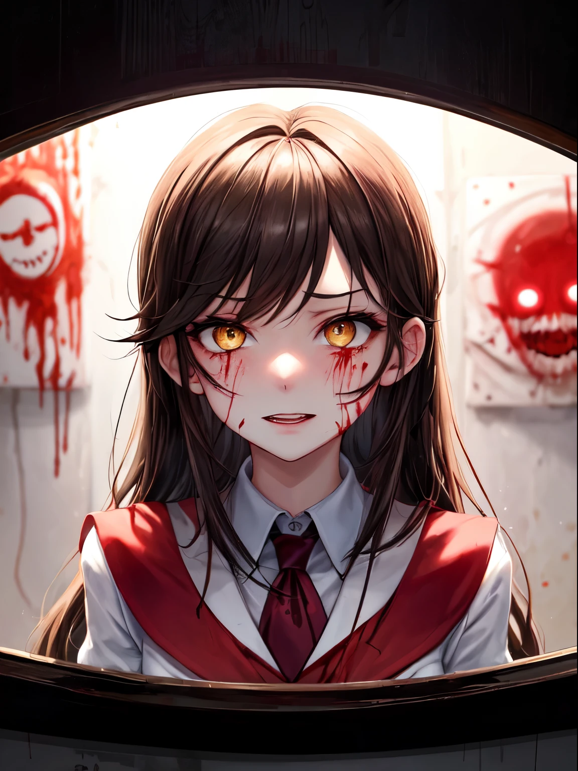 masterpiece, best quality, looking at viewer, facing viewer, bare legs, 1girl, solo, upper body, bow, serafuku, disgusted face, night time, heavy rain, outdoors, city, crop top, navel, wet clothes, drenched, overly long sleeves, hands in sleeves, blood tears, blood marks, dark alleyway, blood splattered on the ground, red bright light, glowing eyes, depth of field