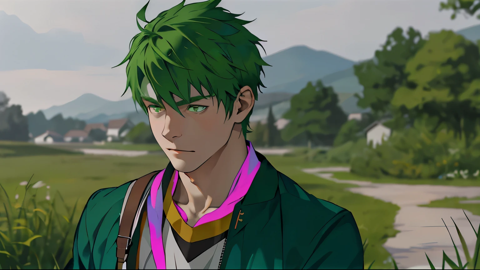 There is a handsome 16-year-old boy with white skin, green hair, green eyes, walking thoughtfully, trying to remember.