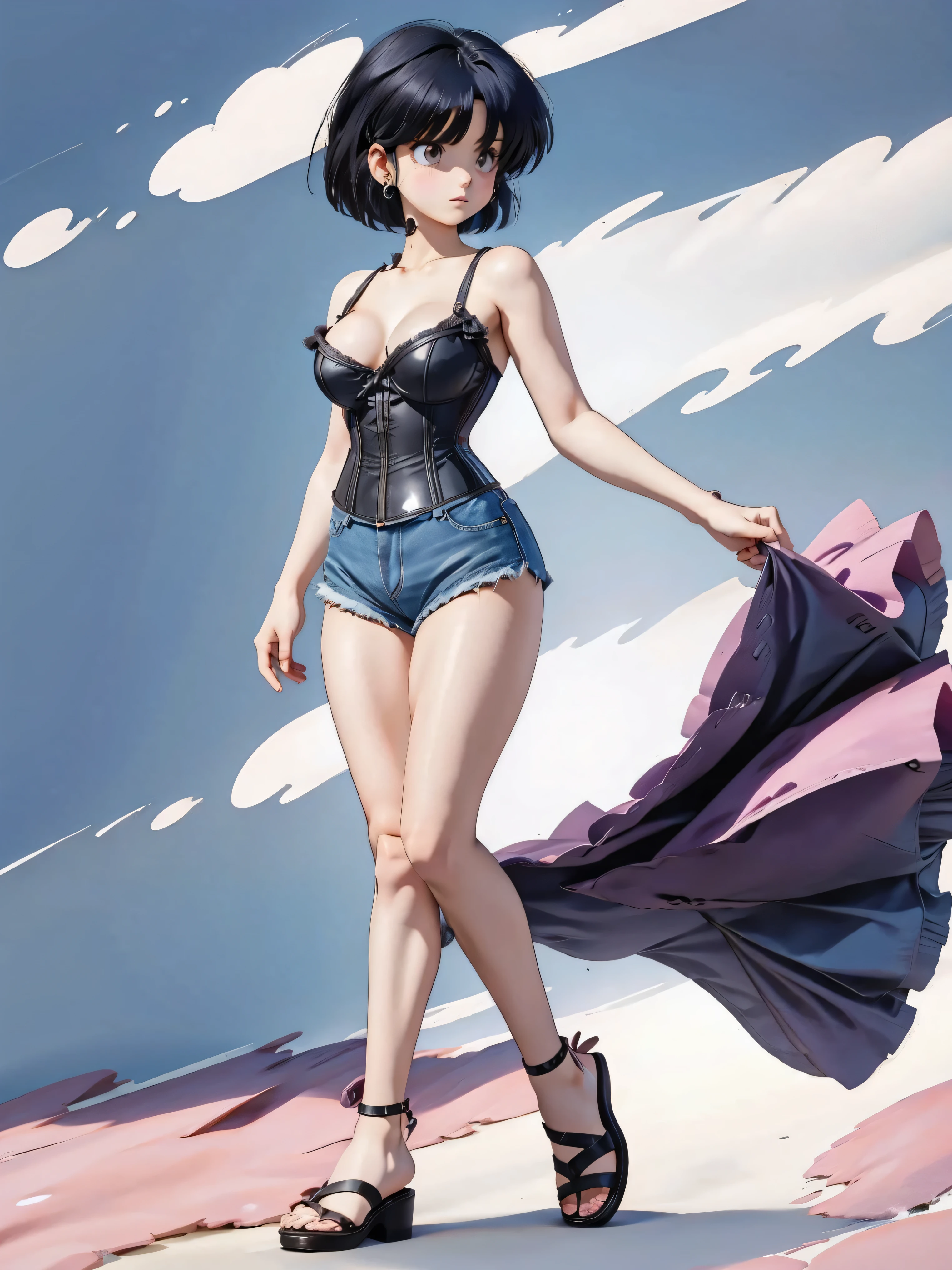 Anime girl with dark cabelo azulado in denim shorts and a pink corset, 16 anos, Corpo bonito, peito grandes, with hands on waist, hands in her hair, garota sexy, cabelo azulado, side locks of hair with pink bow, locks of hair with a bow on the side of the face, beautiful lighting, sombras suaves, olhos castanhos, pernas bonitas tonificadas, cabelo curto, estilo anime, hand on the waist, hand in hair, character Akane Tendo, Autor Rumiko Takahashi, Baseado em uma obra de Rumiko Takahashi, Anime Ranma 1 / 2, decote sexy, quadris robustos, Corpo todo, Corpo todo, Grande busto, young girl with nice and Corpo bonito, sandals nos pés,  de 16 anos, vestindo shorts jeans e espartilho rosa,  anime, estilo anime, lindos pés em sandals, 45° viewing angle, ao ar livre, peito grande, Seios lindos, cabelo preto, sandals nos pés, lindas pernas, sexy, lindas pernas, sandals, peito grandes, Corpo todo, Corpo todo, pés com sandals, Grande busto