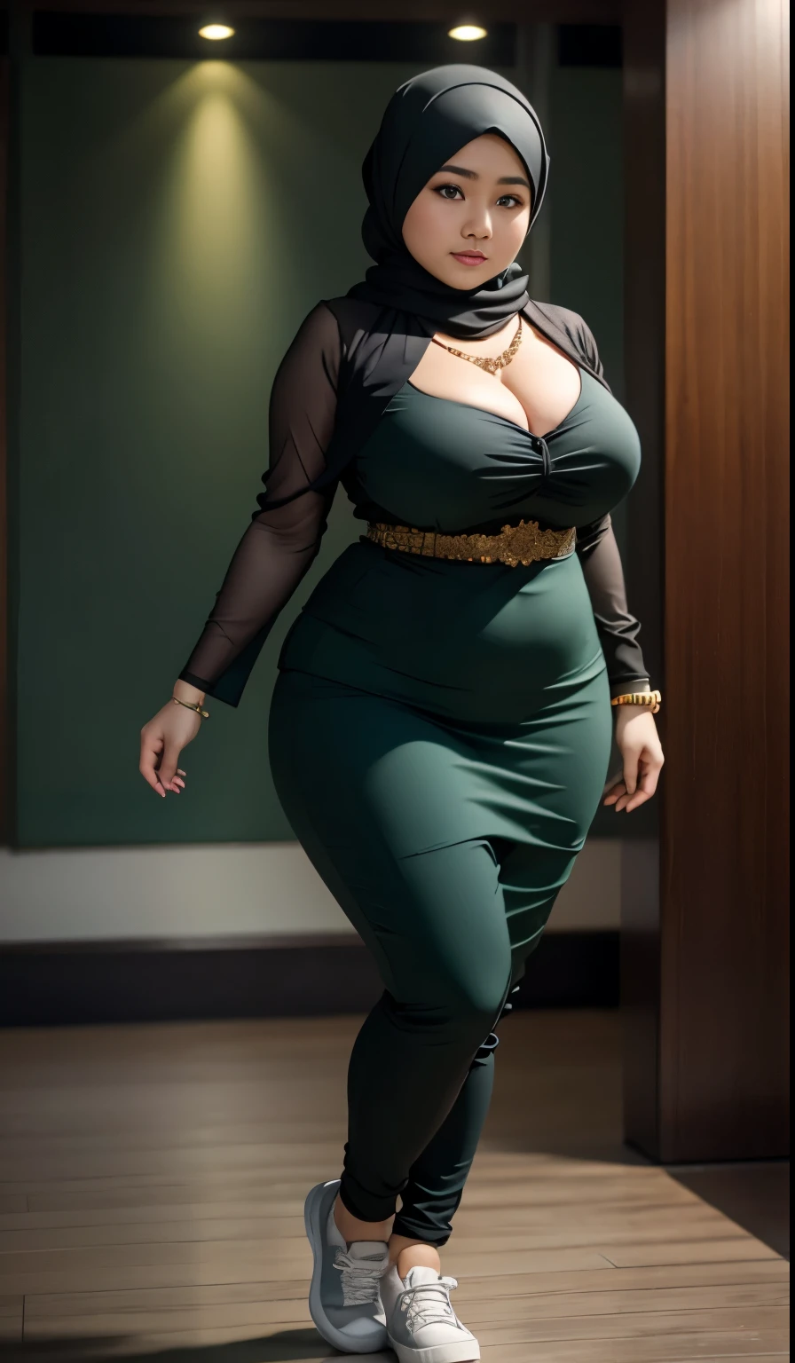 1 malay girl, modern plain hijab, shy, medium portrait, watery eyes, wearing dark green kebaya, ((big breasts)), black bokeh background, well-proportioned body,, chubby massive thighs, full body pose, wearing a necklace , wearing 10 bracelet , wearing a sneaker