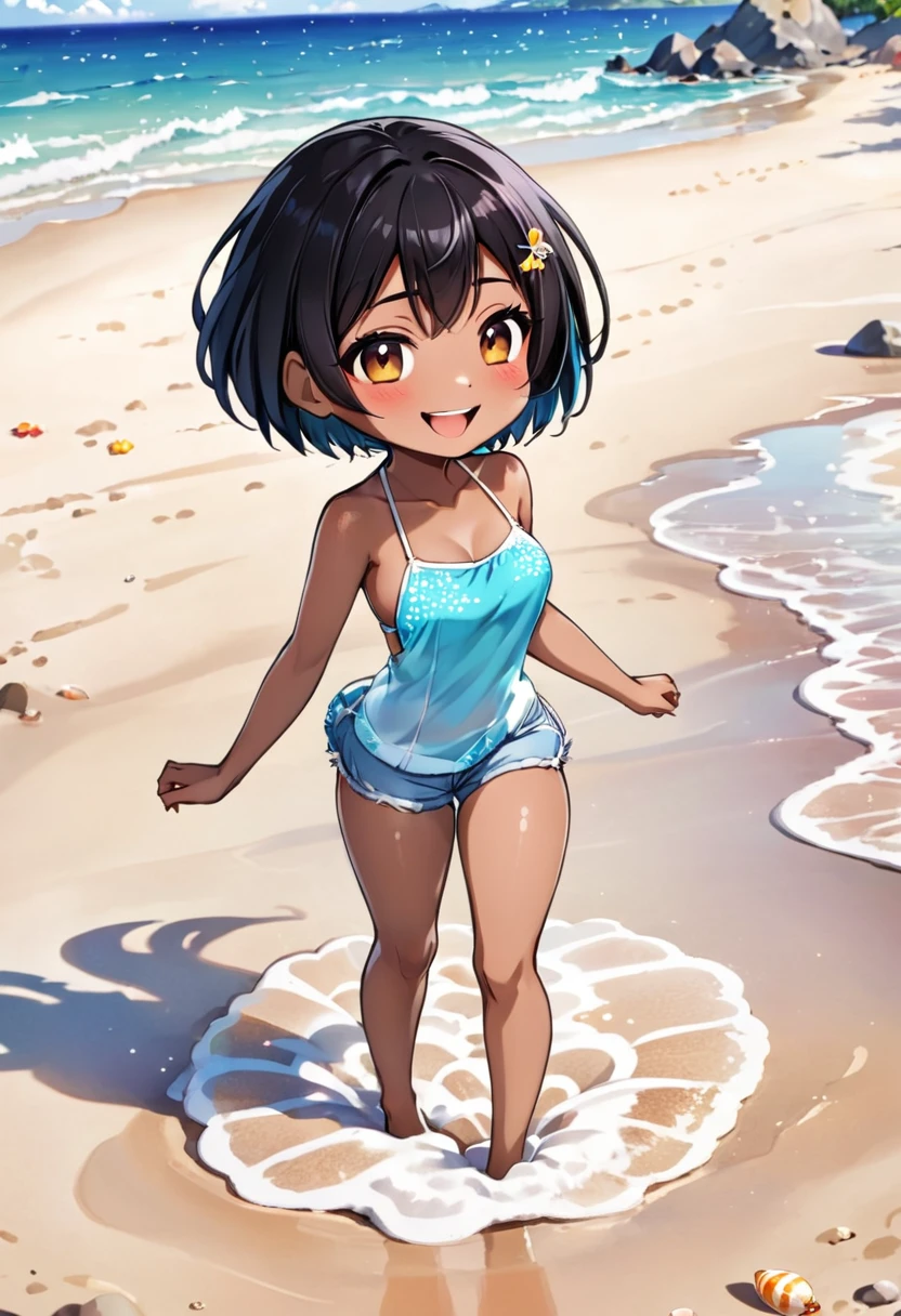 Anime chibi black short hair woman happy at the beach