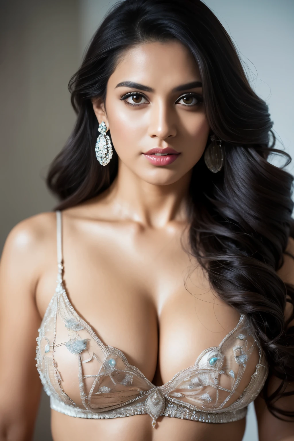 topless Portrait of A confident-looking indian woman with long flowing hair, hazel eyes, with flowing capes, perfect composition, hyperrealistic, super detailed, 8k, high quality, trending art, trending on artstation, sharp focus,  topless studio photo, intricate details, highly detailed, art by greg rutkowski, swimsiit, supermodel, big butts