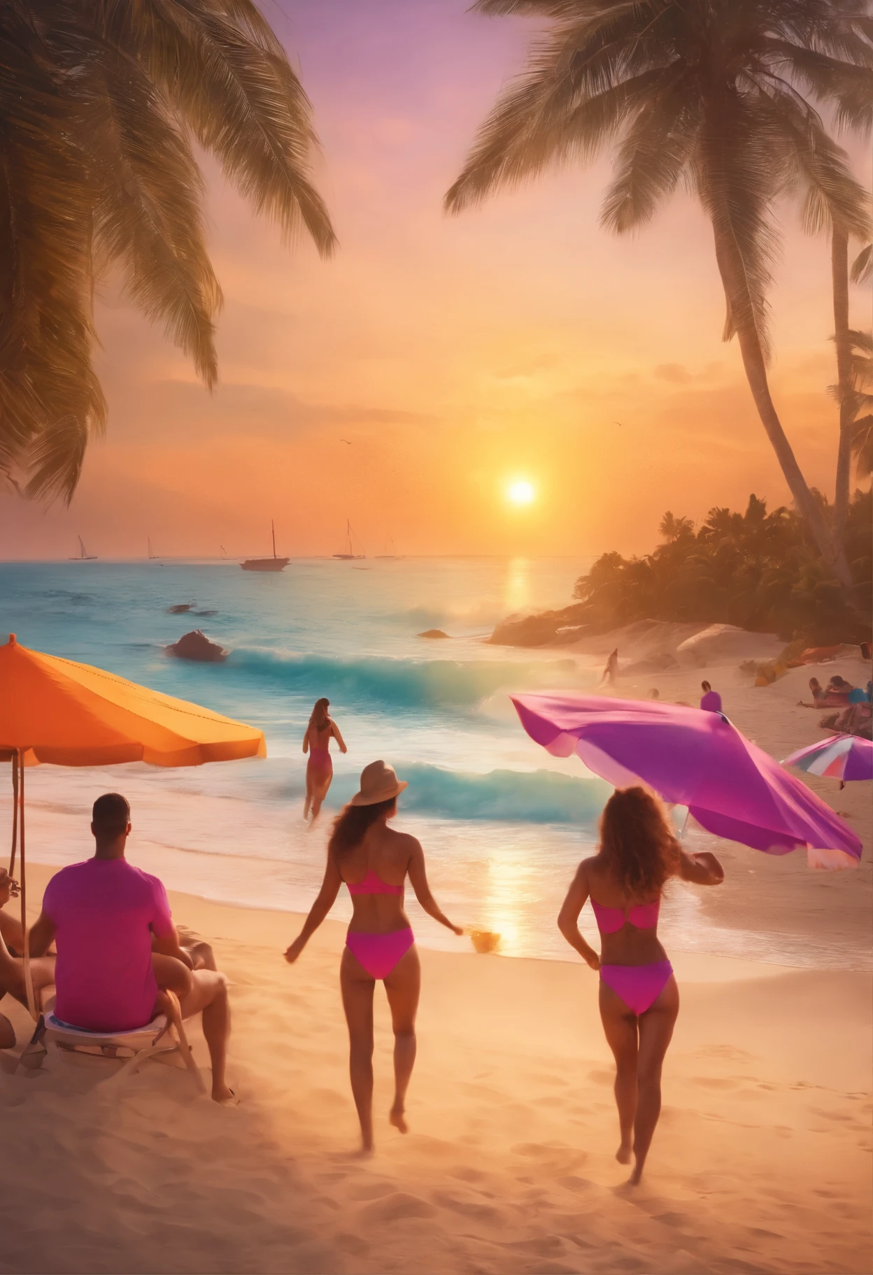 enjoying a lively beach  at sunset. The atmosphere is vibrant and energetic as the music fills the air. (best quality,4k,8k,highres,masterpiece:1.2),ultra-detailed,(realistic,photorealistic,photo-realistic:1.37), HDR, UHD, studio lighting. The main focus is on a group of friends dancing and laughing together. They are wearing colorful swimsuits and sunglasses, creating a playful and joyful vibe. The beach is lined with palm trees, providing shade and adding to the tropical ambiance. The sand is soft and golden, with footprints of people enjoying various beach activities. In the background, there are beach volleyball courts and beach bars with colorful beach umbrellas. The sunset sky is painted with warm hues of orange, pink, and purple, casting a beautiful glow over the scene. The lighting is soft and warm, capturing the magical atmosphere of the moment. The waves crash gently on the shore, adding a soothing sound to the . This artwork has a lively and vibrant art style, with bold brushstrokes and vivid colors. The overall composition is dynamic, with energetic movements and lively expressions. The artwork captures the carefree and joyful spirit of a beach , making the viewer feel as if they are part of the celebration.