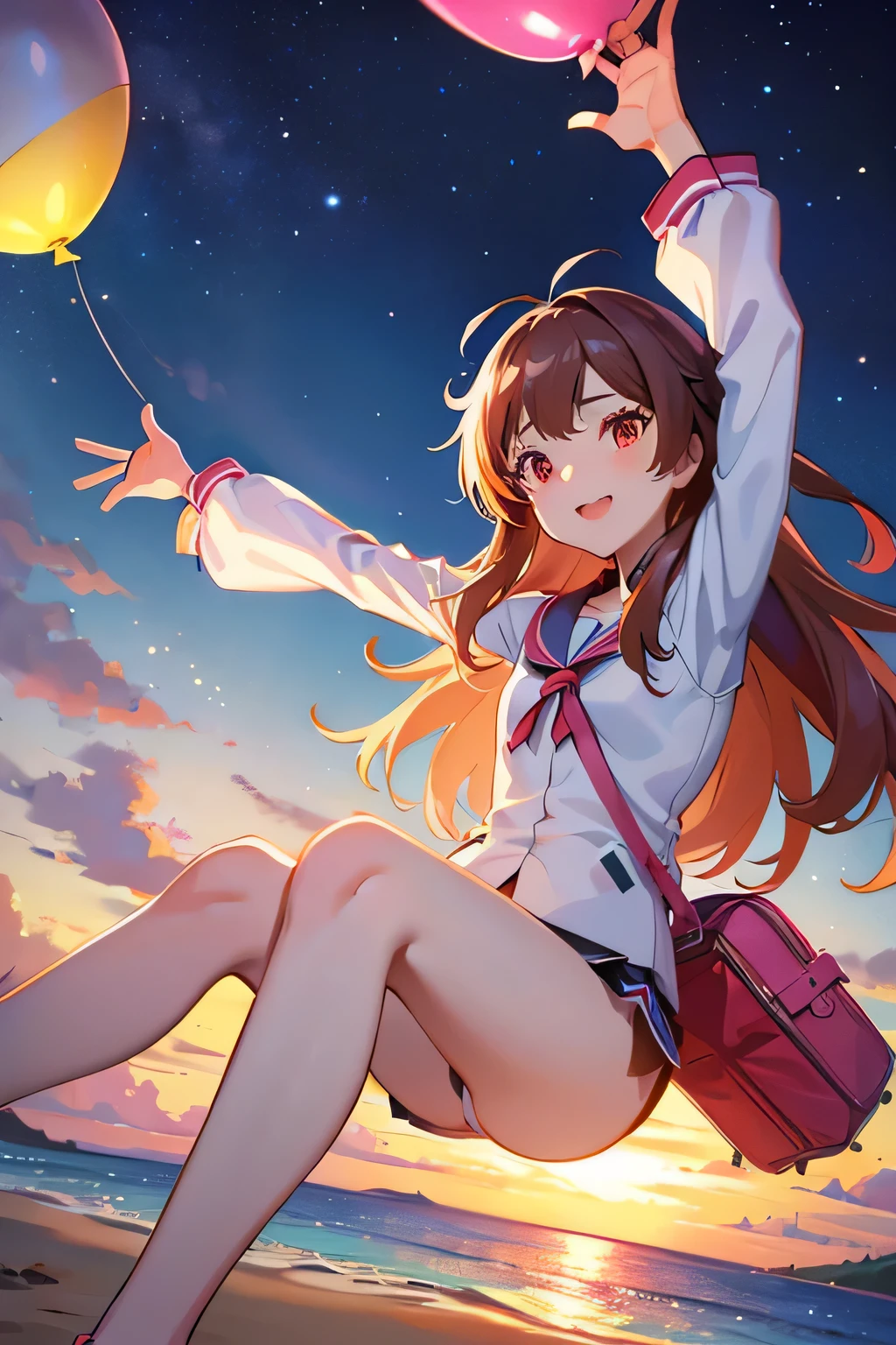 애니메이션 소녀 sitting on the beach with a bunch of balloons, anime aesthetic, summer sunset, animated background,brown hair, anime atmosphere, Animated visual of a cute girl, animated background art, Summer Settings, nightcore, ( Ilya Kubshinov ), anime aesthetic, summer time, red eyes, Summer sea, lively, smiley face , stretch and stretch, Hawaiian feel