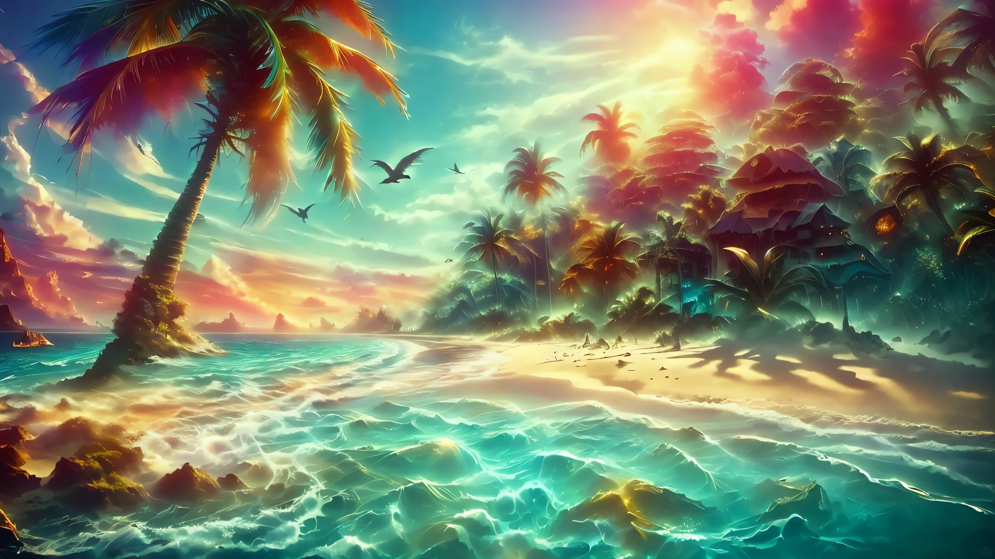 Masterpiece, best quality, 8k, paradise island, magical environment, golden sand, coconut trees, seagulls, starfish, crystal clear turquoise water, breathtaking sunset, surreal beauty