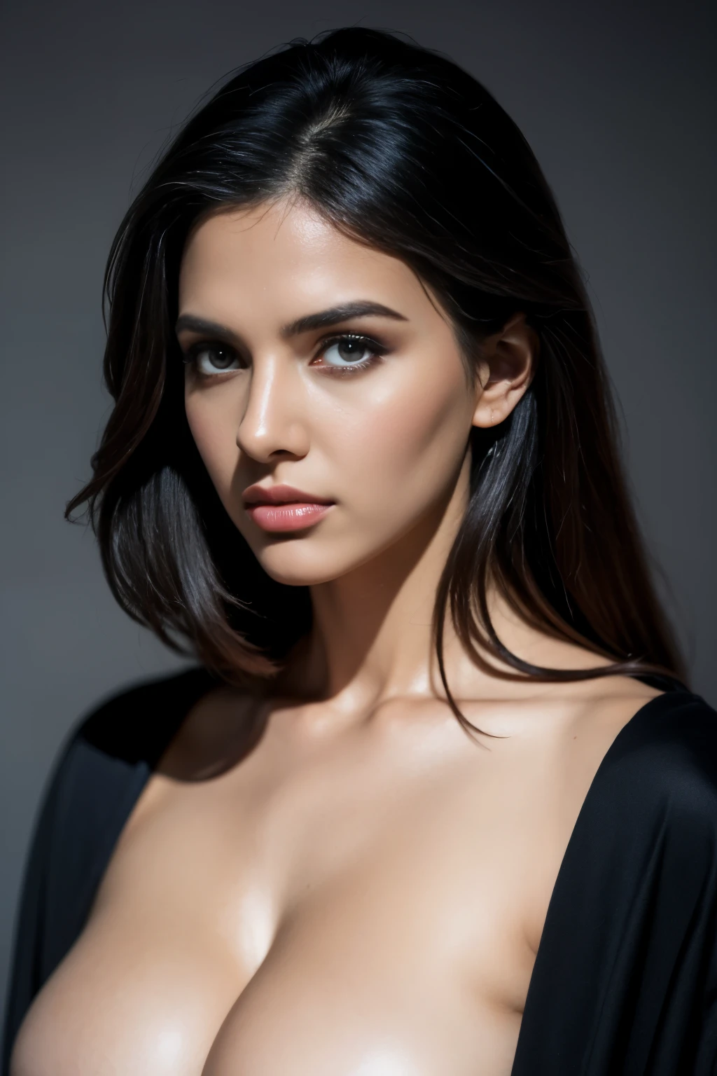 topless Portrait of A confident-looking indian woman with long flowing hair, hazel eyes, with flowing capes, perfect composition, hyperrealistic, super detailed, 8k, high quality, trending art, trending on artstation, sharp focus, topless studio photo, intricate details, highly detailed, art by greg rutkowski