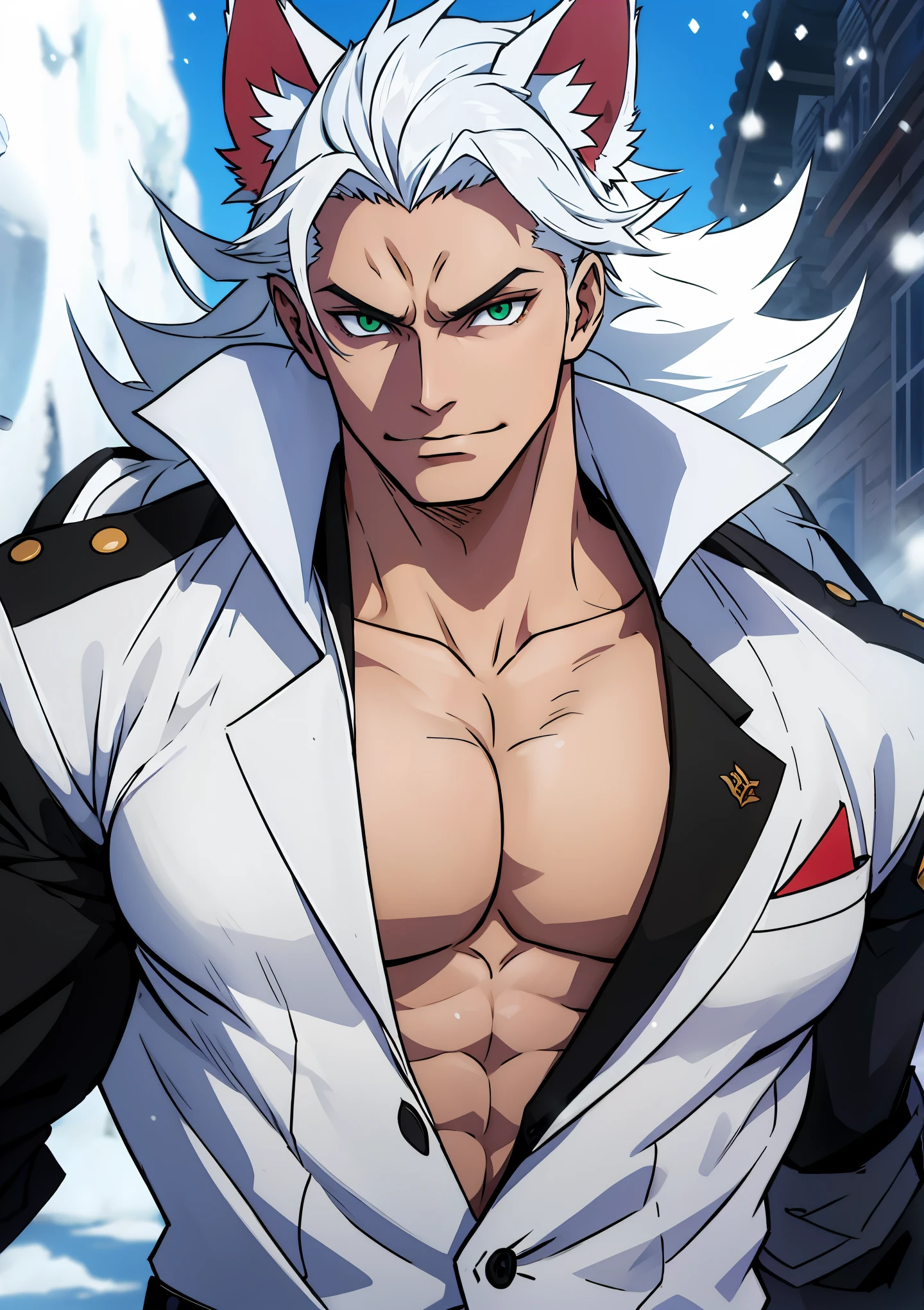 ((dynamic leadership style)), wolf men, wolf ears, White hair, short hair , muscular, wolf tail, green eyes, skin white as snow, evil face, (Perfect face), very strong chest and arms, (blurred background) wearing an unbuttoned jacket, showing off your abs and defined chest, naughty face 