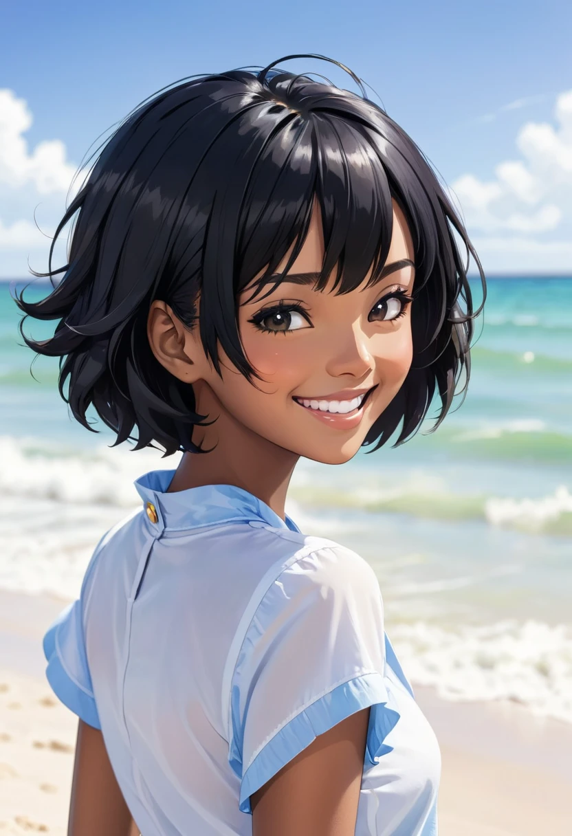 Anime black short hair woman happy at the beach