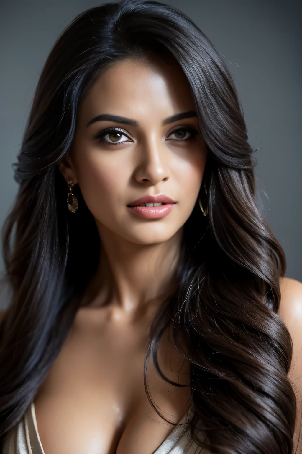 topless Portrait of A confident-looking indian woman with long flowing hair, hazel eyes, with flowing capes, perfect composition, hyperrealistic, super detailed, 8k, high quality, trending art, trending on artstation, sharp focus, topless studio photo, intricate details, highly detailed, art by greg rutkowski
