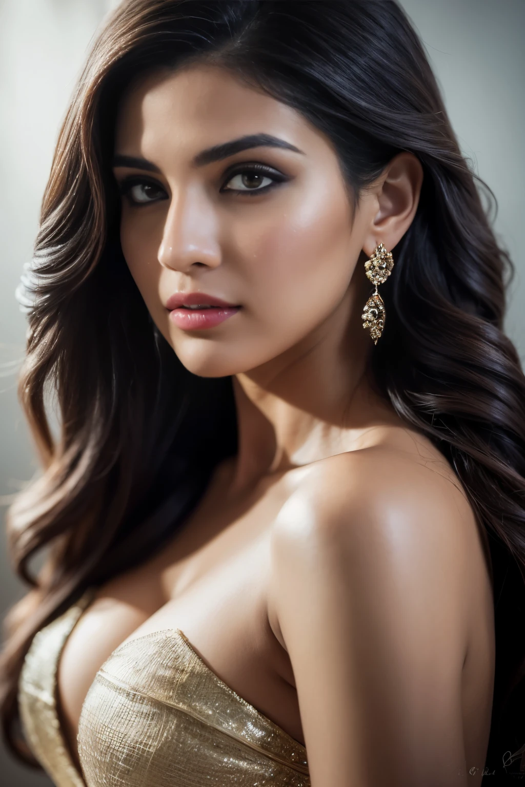 topless Portrait of A confident-looking indian woman with long flowing hair, hazel eyes, with flowing capes, perfect composition, hyperrealistic, super detailed, 8k, high quality, trending art, trending on artstation, sharp focus,  topless studio photo, intricate details, highly detailed, art by greg rutkowski