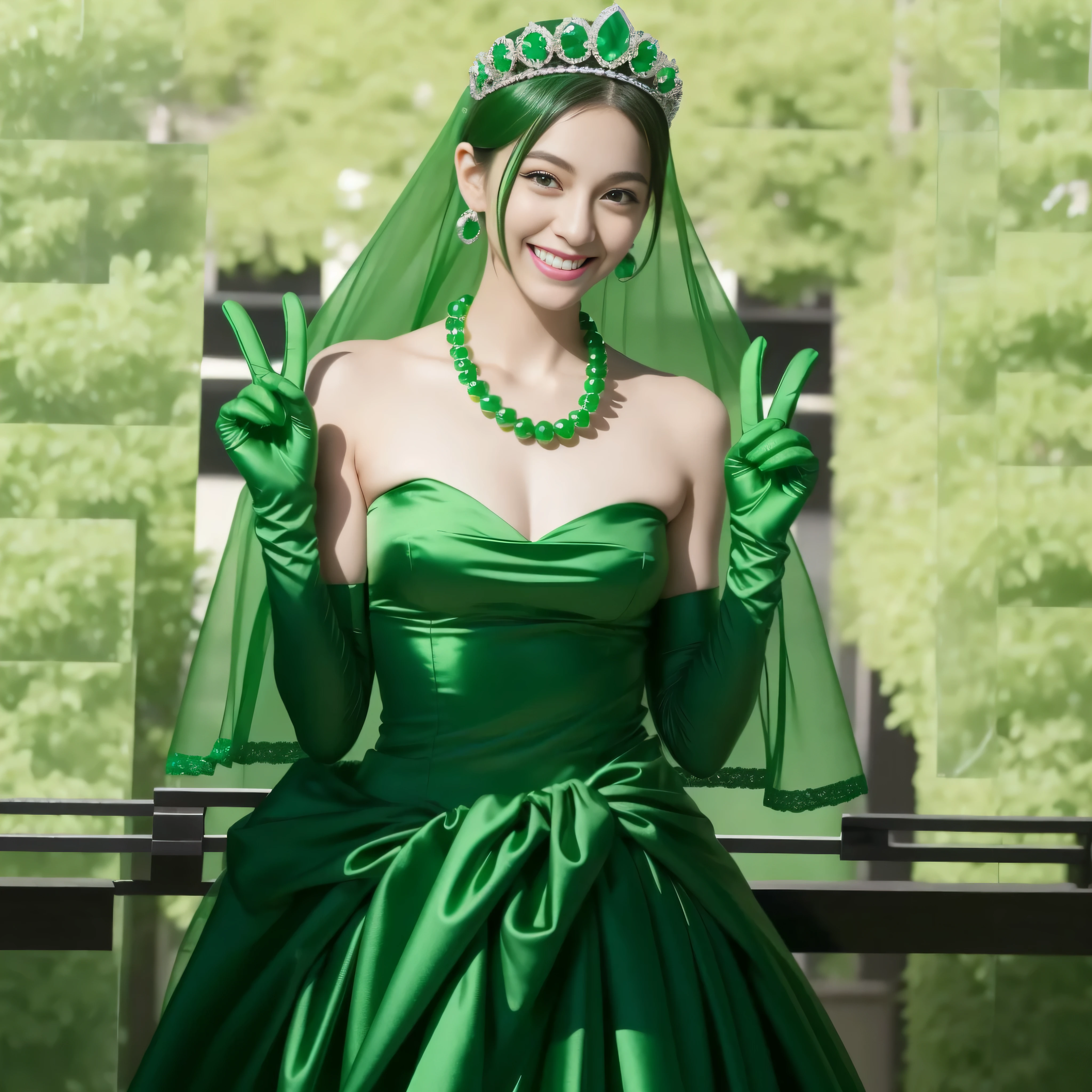 emerald tiara, Green Pearl Necklace, Boyish green berry short hair, lipstick, Smiling Japan woman, very short hair, big breasts beautiful, green eyes, Green long gloves made of satin material, green eyes, v sign, emerald earrings, green gloss
