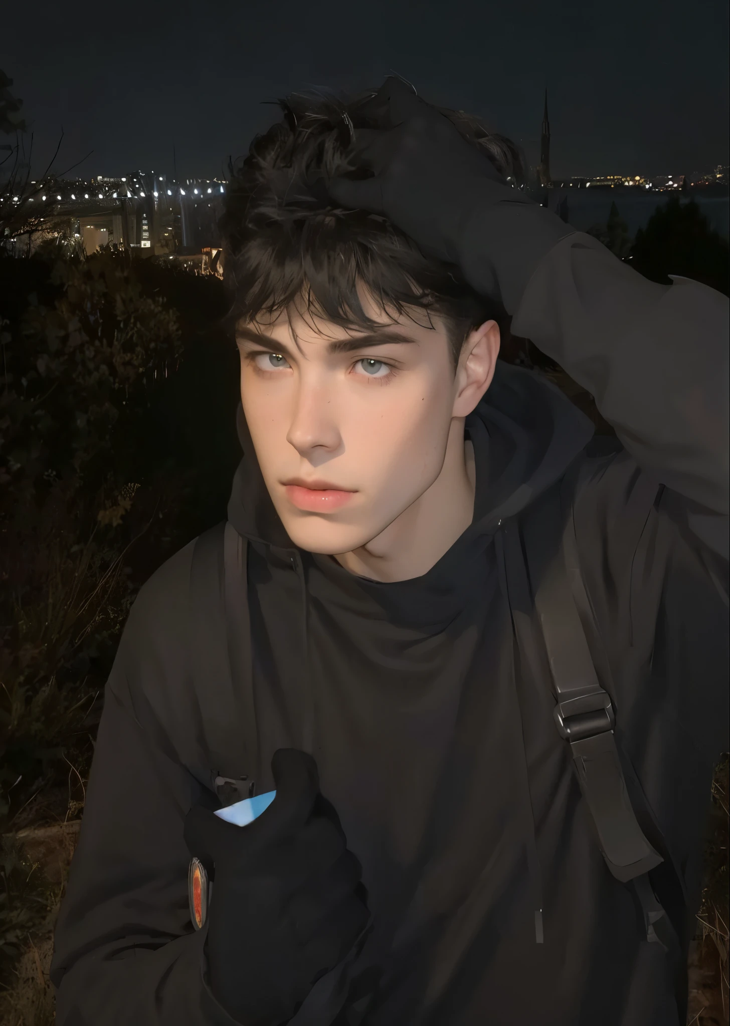 sharp young man with black hat and gloves, Declan McKenna, taken at the beginning of 2020, bladee da gangue de drenagem, profile picture with headshot, Tommy 1 6 anos, Foto de perfil, tem cabelo preto curto, imagem de qualidade muito baixa, um homem bonito,cabelo curto preto, em um moletom preto, eu virtual