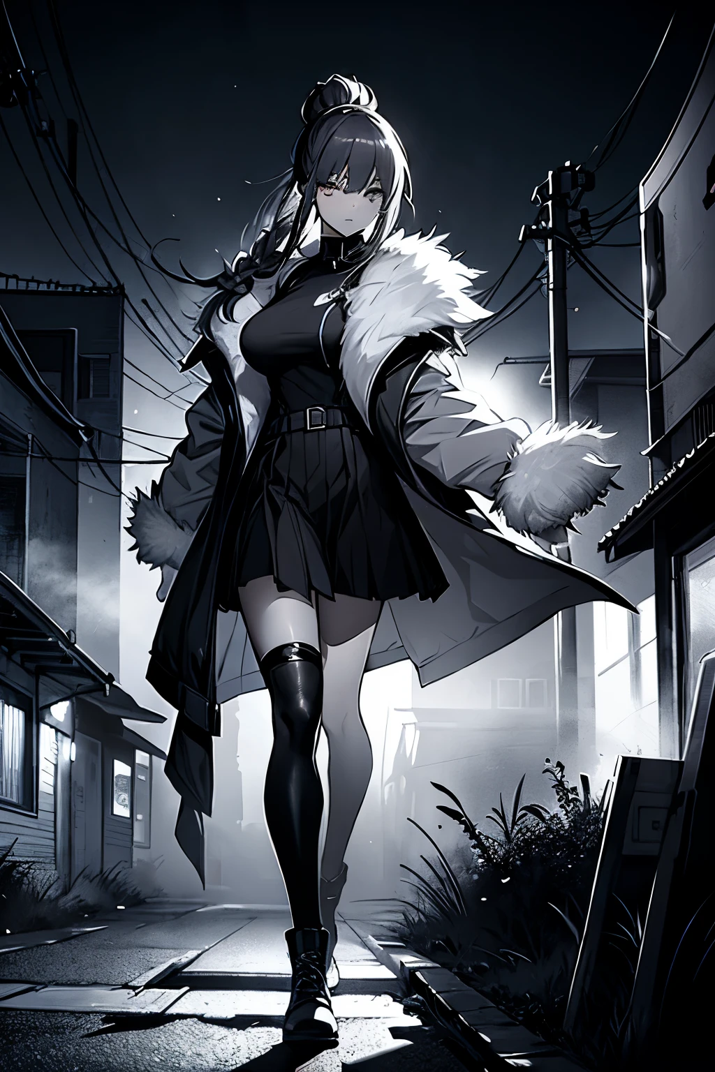a woman, leggings, pleated skirt, sports top, high ponytail, high boots, long fur jacket, on a foggy moonlit night in a ghost town, detailed face, detailed eye's, detailed lips, , with a metal dog-colar in the neck, monochrome style, lineart