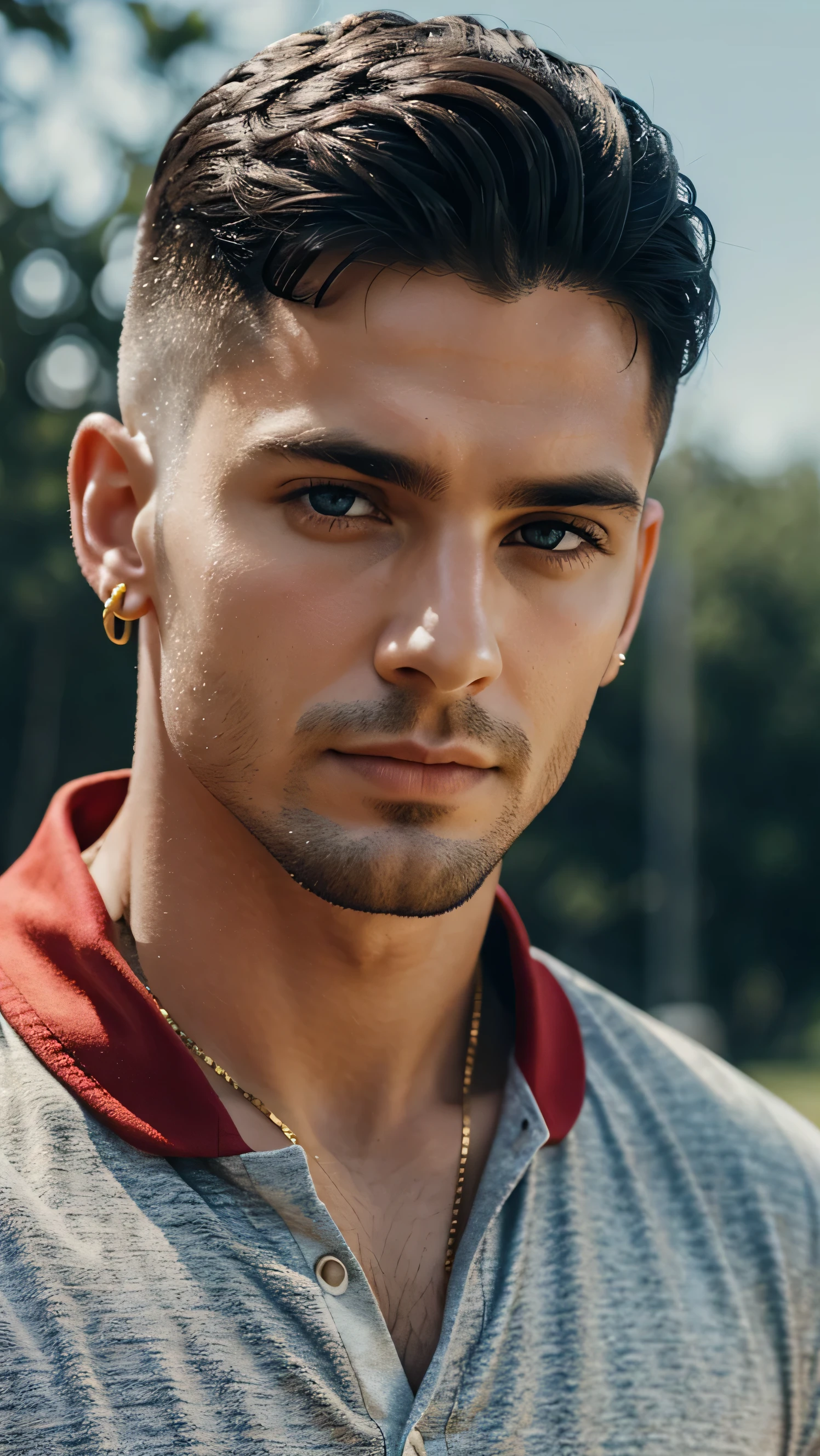 close-up,,Photos with high detail,photorealistic Handsome fashionable guy with fashionable hairstyle,black hair,gold earring in ear,Blue eyes,beefy guy,athlete guy,Athletic guy,in a red fitted shirt,thoughtful look,Charismatic guy,,behind the guy you can see a shiny ring,(a shining fantastic ring above his head). .The sun is shining,(clear day),High contrast,soft light,rich colors,ultra high quality 8K