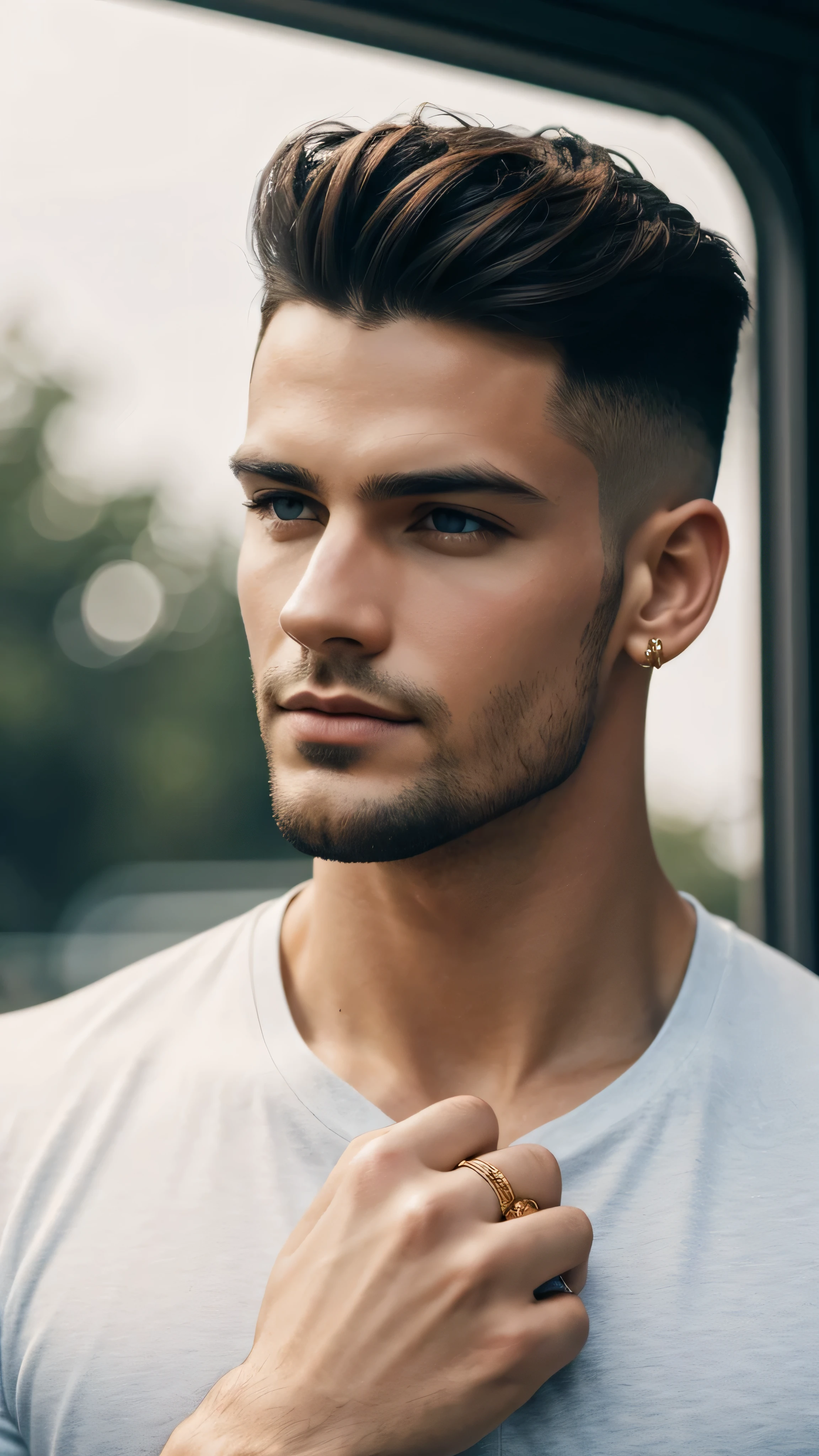 close-up,,Photos with high detail,photorealistic Handsome fashionable guy with fashionable hairstyle,black hair,gold earring in ear,Blue eyes,beefy guy,athlete guy,Athletic guy,in a red fitted shirt,thoughtful look,Charismatic guy,,behind the guy you can see a shiny ring,(a shining fantastic ring above his head). .The sun is shining,(clear day),High contrast,soft light,rich colors,ultra high quality 8K