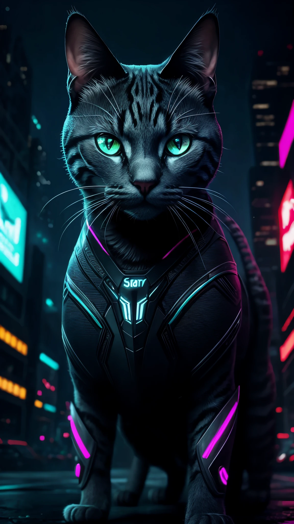 hyperealistic portrait of cyborg cat, robot cat, cyperpunk style, wearing a black metalic armor, badass cat, hyperdetailed, detailed shading, beautiful textures, low angle, technological eyes, neon background, si-fi, dynamic, neon lights, conrtast, dark shot, raw photo,