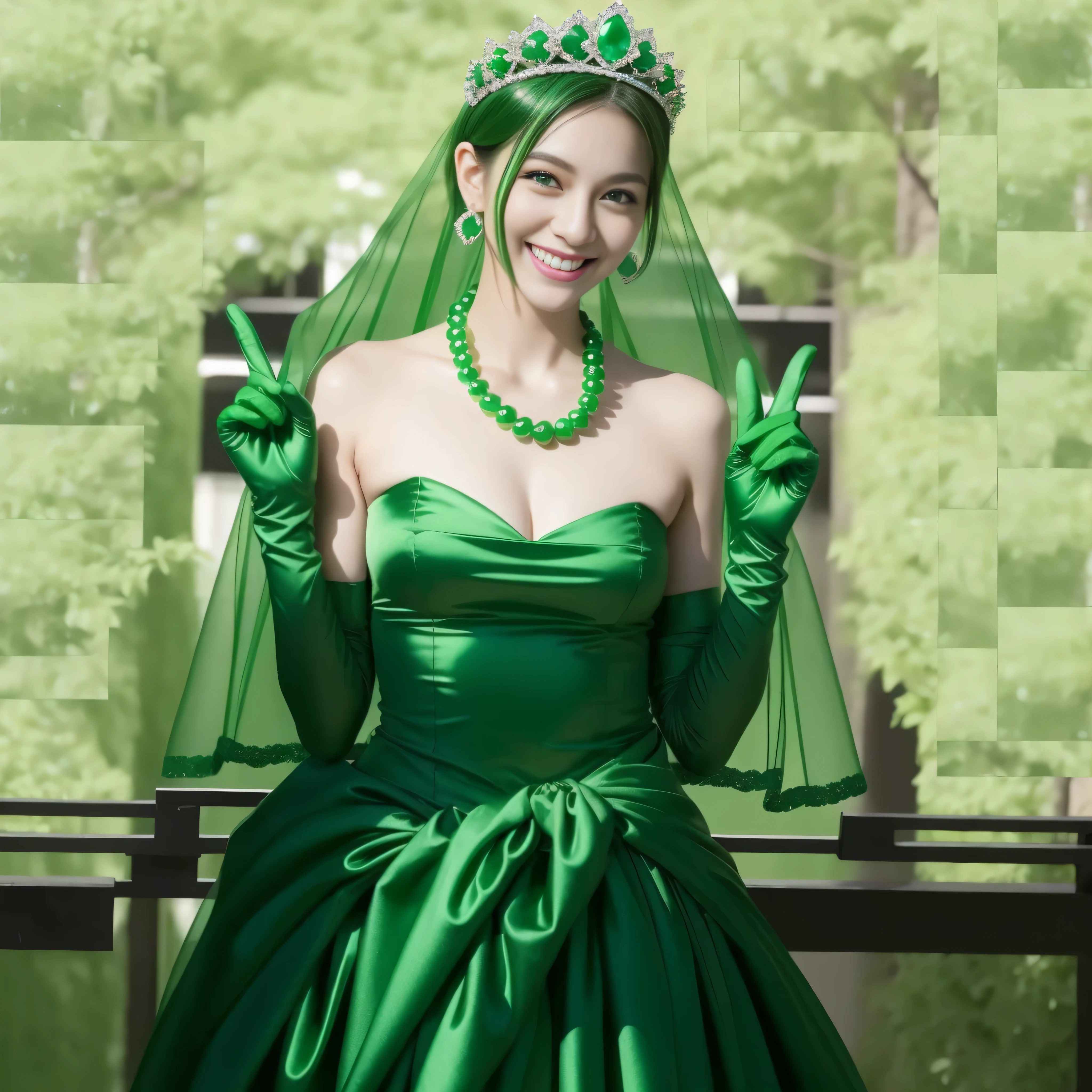 emerald tiara, Green Pearl Necklace, Boyish green berry short hair, lipstick, Smiling Japan woman, very short hair, big breasts beautiful, green eyes, Green long gloves made of satin material, green eyes, v sign, emerald earrings, green gloss
