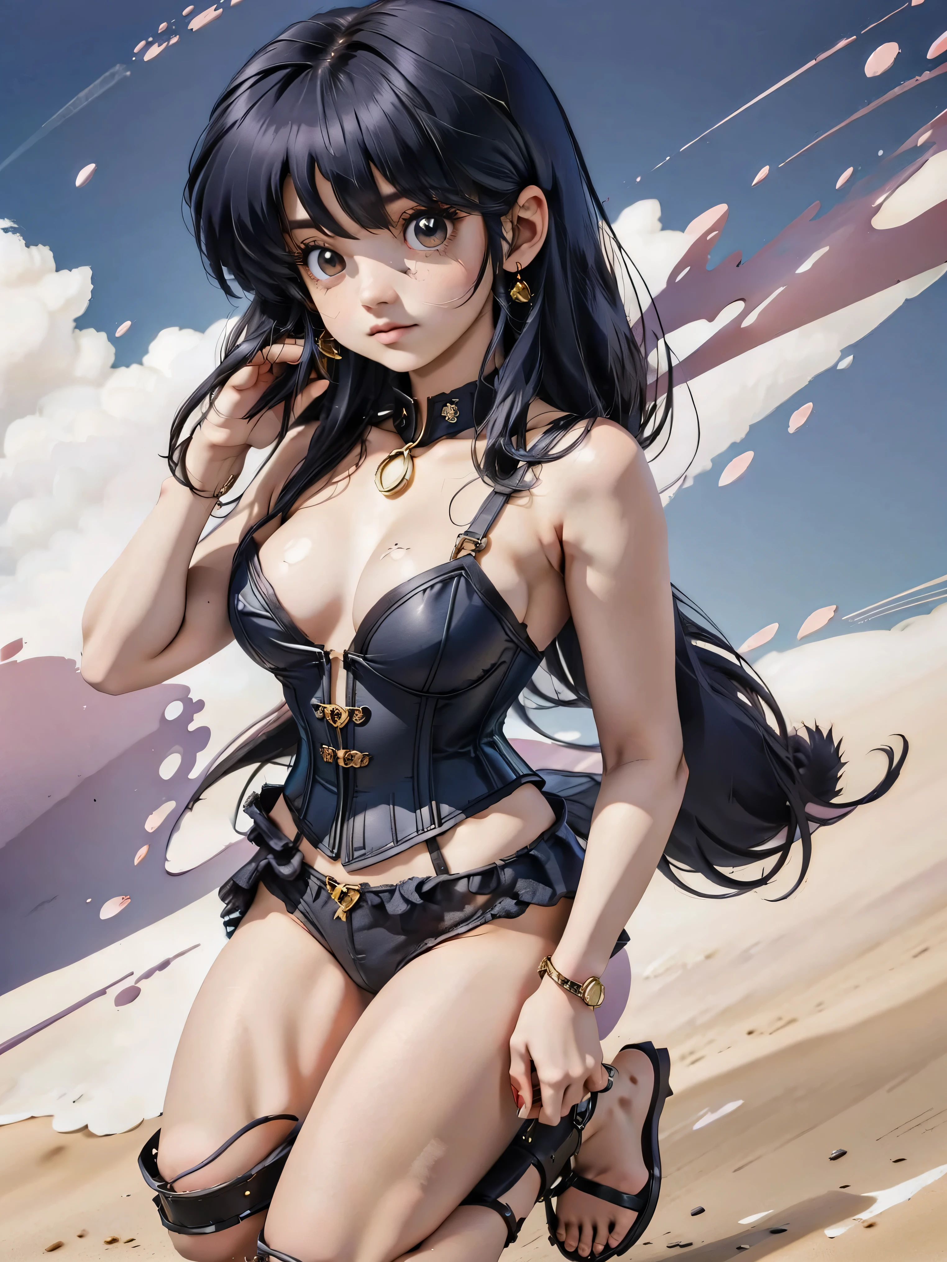 Garota anime cabelo escuro com bermuda jeans e corset pink, , corpo bonito, seios grandes, com as hands on chest, hands on chest, Garota sexy, pe cabelo, mechas de cabelo laterais, mechas de cabelo na lateral do rosto, beautiful lighting, sombras suaves, olhos azuis, pernas bonitas, cabelo curto, estilo anime, personagem Akane Tendo, Autora Rumiko Takahashi, Baseado em obra de Rumiko Takahashi, Anime Ranma 1/ 2, decote sexy, quadrobusto, corpo inteiro, corpo inteiro, busto grande, garota jovem com corpo belo e bonito, sandals on his feet, garota 16 anos jovem, bermuda jeans e corset pink, garota anime, estilo anime, beautiful feet in sandals, 45° viewing angle, ao ar livre, peito grande, seios bonitos, cabelo preto, sandals on the feet, pernas bonitas, sexy, belas pernas, Saias, seios grandes, corpo completo, corpo inteiro, feet with sandals, Seios Grandes
