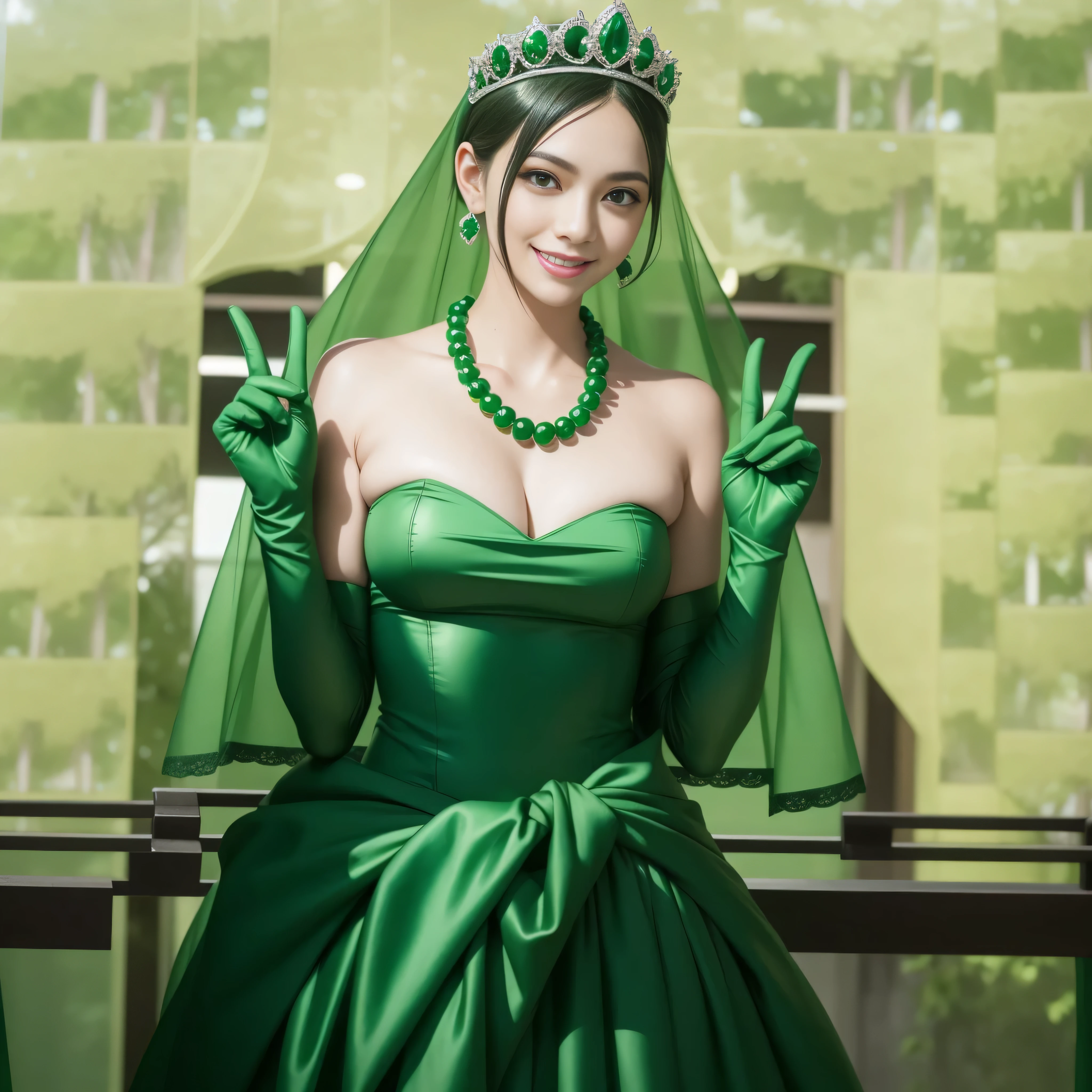 emerald tiara, Green Pearl Necklace, Boyish green berry short hair, lipstick, Smiling Japan woman, very short hair, big breasts beautiful, green eyes, Green long gloves made of satin material, green eyes, v sign, emerald earrings, green gloss
