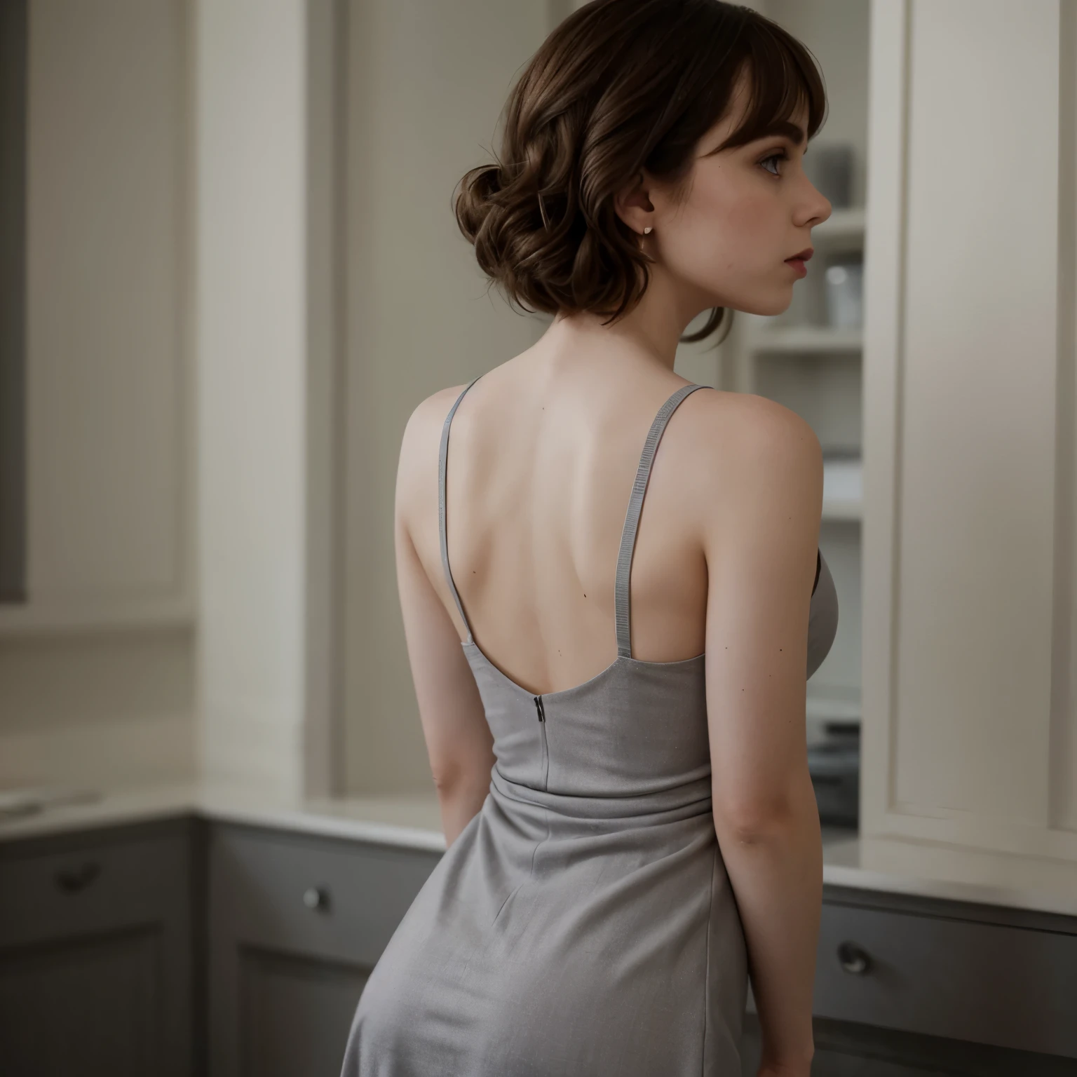 (Emma watson), in front of a window, the woman stands wide-legged with her back to the camera and looks out of the window. From outside, the sun shines into the dark room. The woman wears a bra and panty, over which a see-through dress, The slender body and her small round butt stands out clearly in front of the bright window, (Masterpiece:1.2) (photorealistic:1.2) (best quality) (intricate details) (8K) (High Poly) (Raytracing), (Sharp Focus)