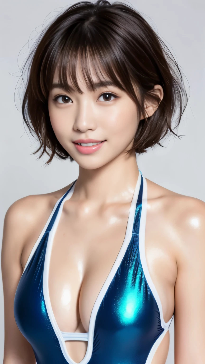 （white and mixed people）、Western facial features、(short cut hair+brown hair+dull bangs:1.2)、table top, highest quality, finely, High resolution, 8k、wallpaper, perfect dynamic composition, detailed and beautiful eyes, big breasts, natural color lip, random sexy poses,(8k, 超A high resolution, highest quality:1.2),(18-year-old:1.2)、(avert your eyes)、Smile a little、Japanese girl raw portrait、Photoreal、超A high resolution、highest quality、 (huge breasts, cleavage:1.2),((Shiny competitive swimsuit :1.4))、 (natural skin texture、fine skin、hyper realism、Super sharpness)、intricate details、Depth of the bounds written、korean idol、Nogizaka Idol、Gravure idol pose、Smile a little、Sparkly swimsuit