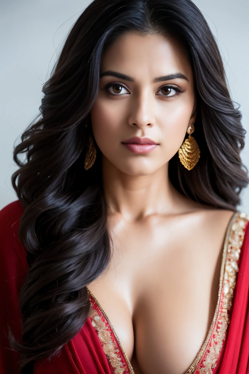 topless Portrait of A confident-looking indian woman with long flowing hair, hazel eyes, with flowing capes, perfect composition, hyperrealistic, super detailed, 8k, high quality, trending art, trending on artstation, sharp focus, topless studio photo, intricate details, highly detailed, art by greg rutkowski, swimsiit, supermodel, big butts