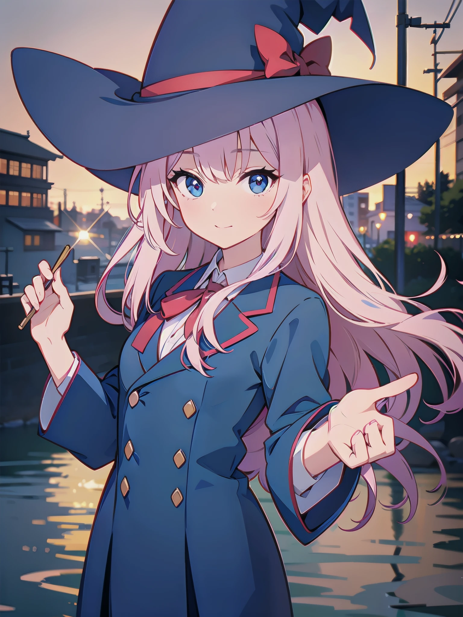 magician girl、She wears a large witch&#39;s hat with sapphire accessories、Wearing Japanese modern high school blazer uniform、Japan anime-style illustration、Drawn by a Japanese illustrator、Bank of the river in Tokyo late at night